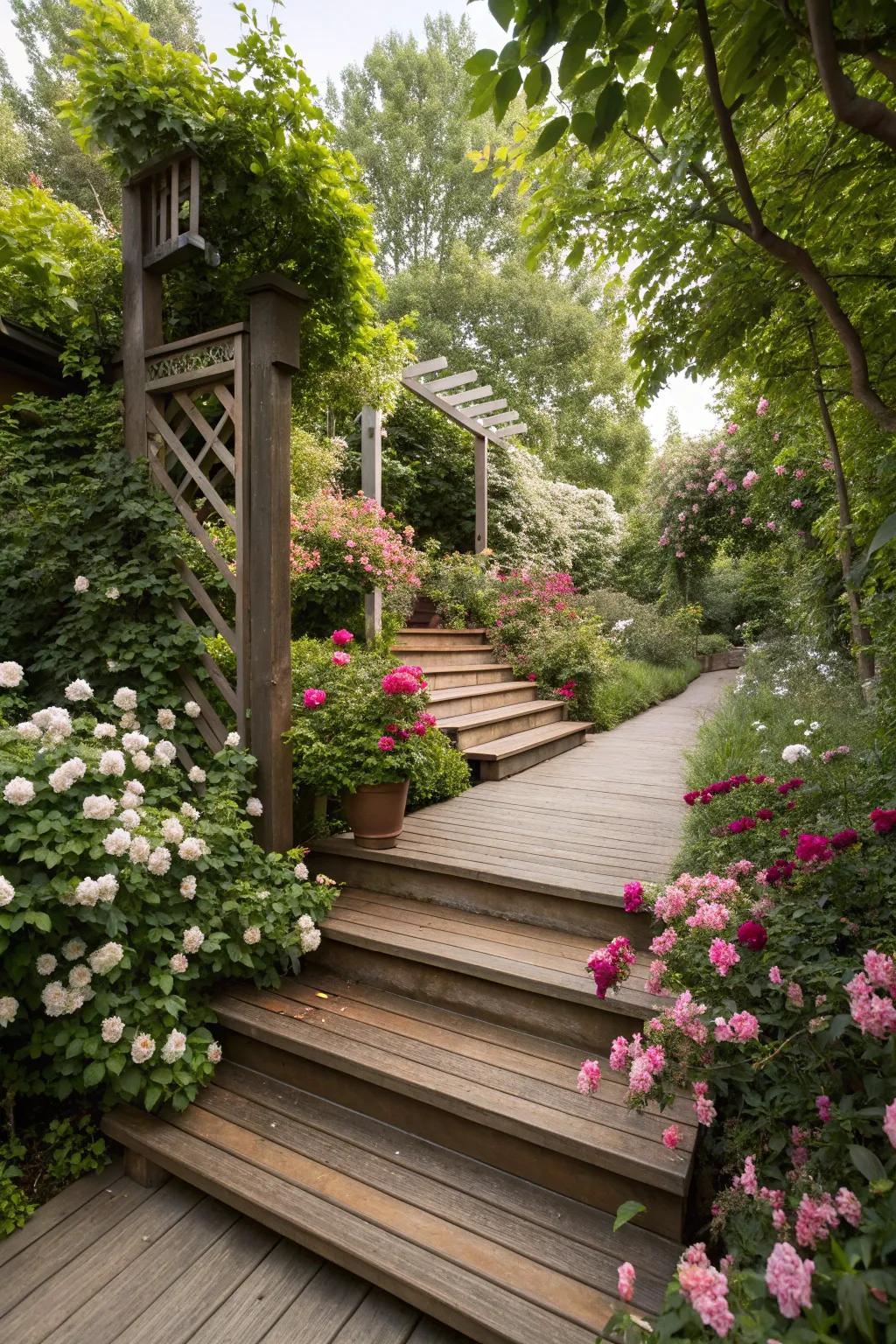 Deck steps beautifully integrated with landscaping