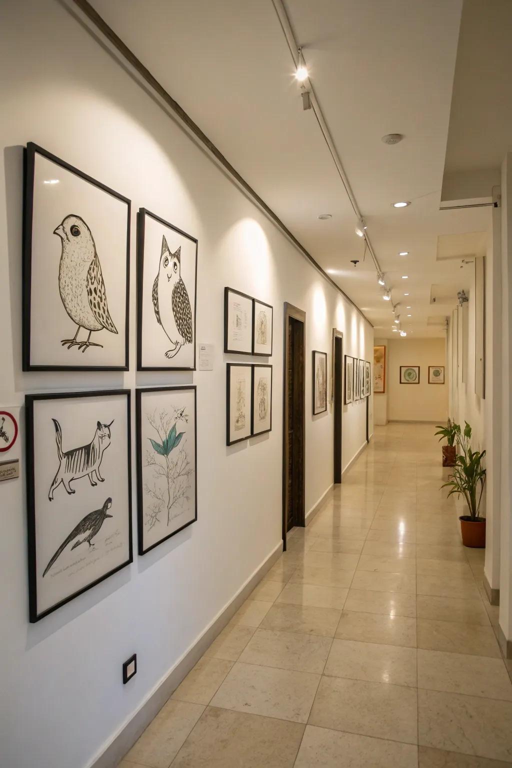 A hallway decorated with minimalist animal drawings.