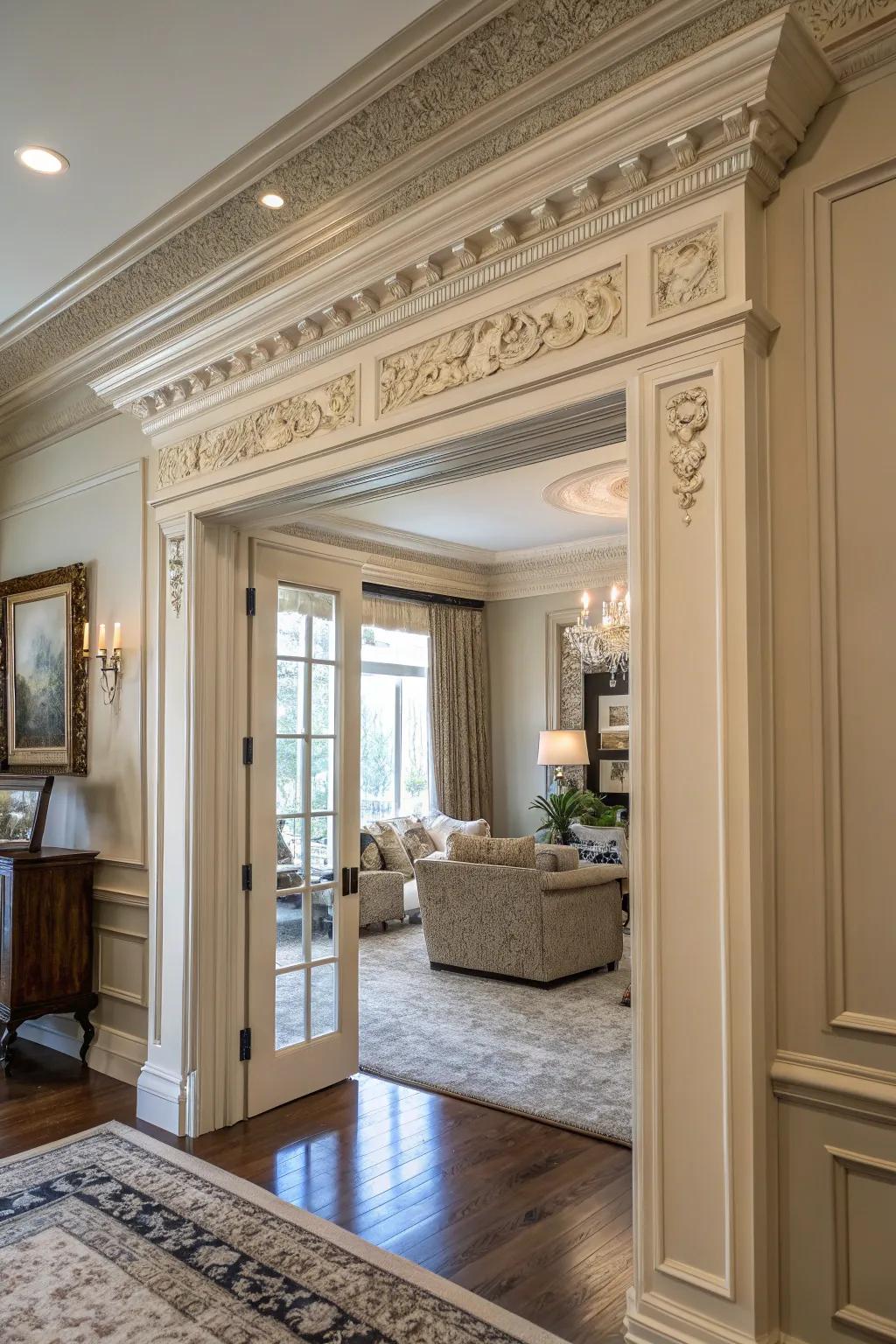 Crown molding on door trim adds an elegant touch to this upscale living room.