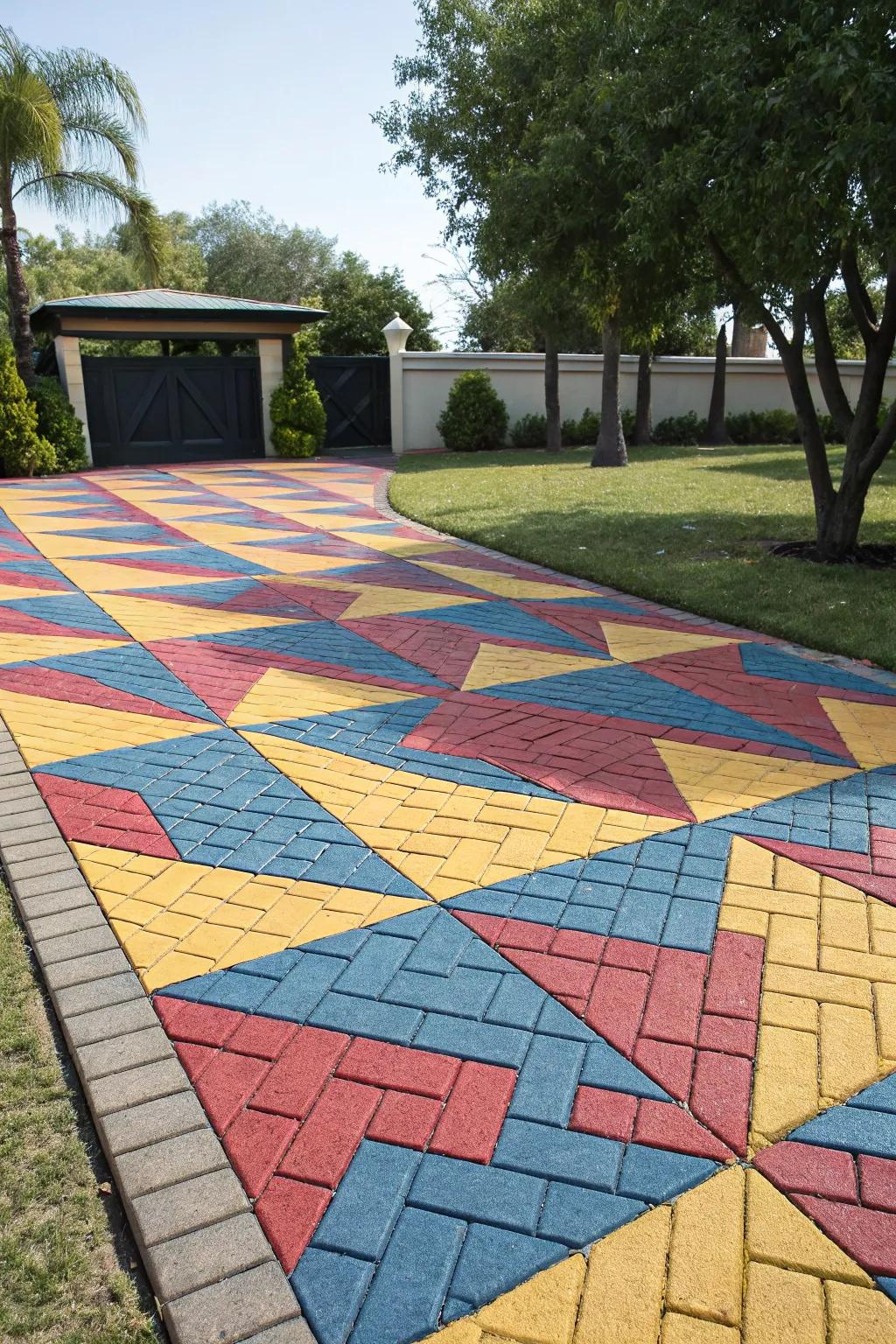 An artistic driveway with striking geometric paver patterns.