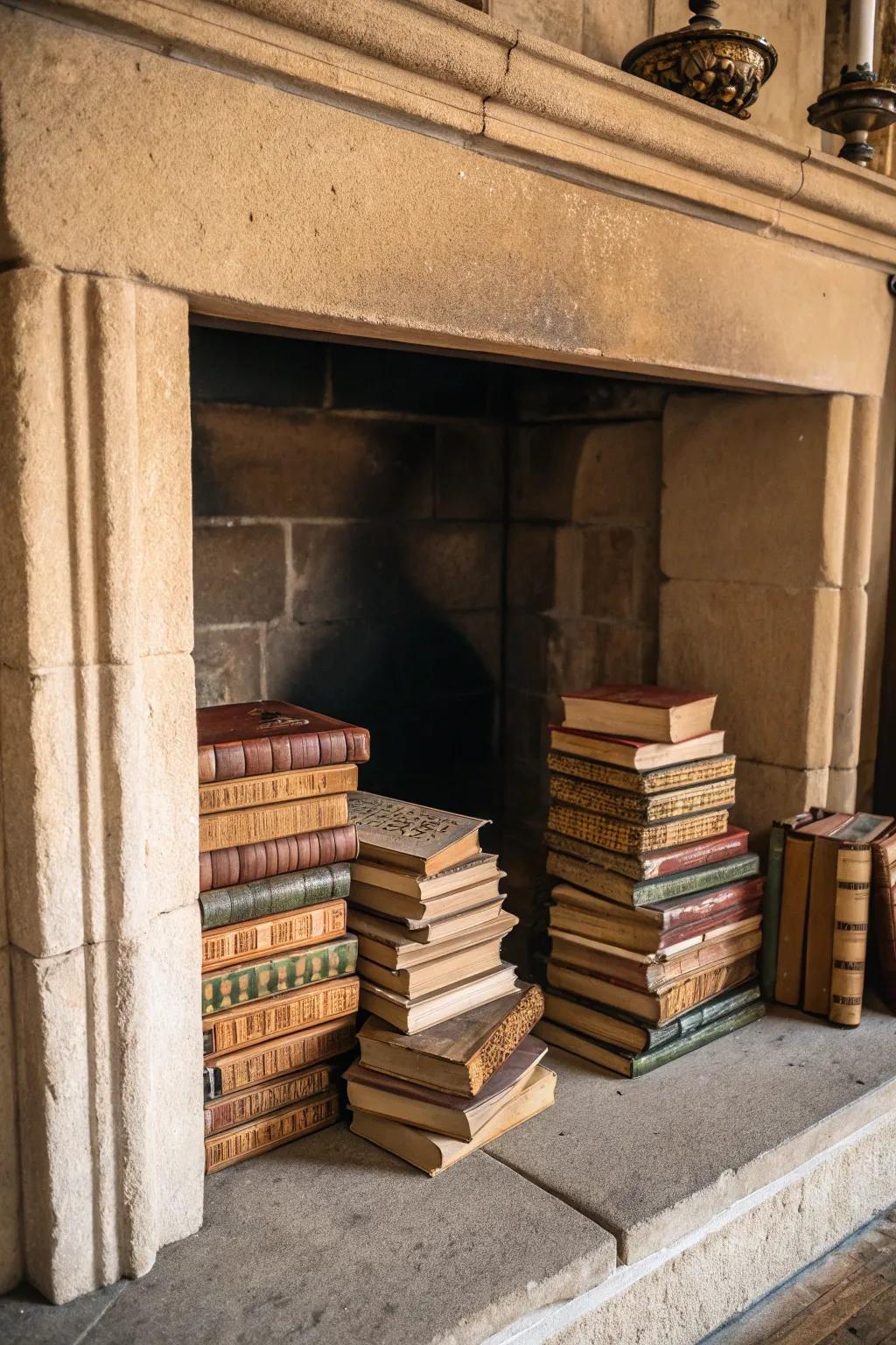 Create a cozy library nook with books in your fireplace.