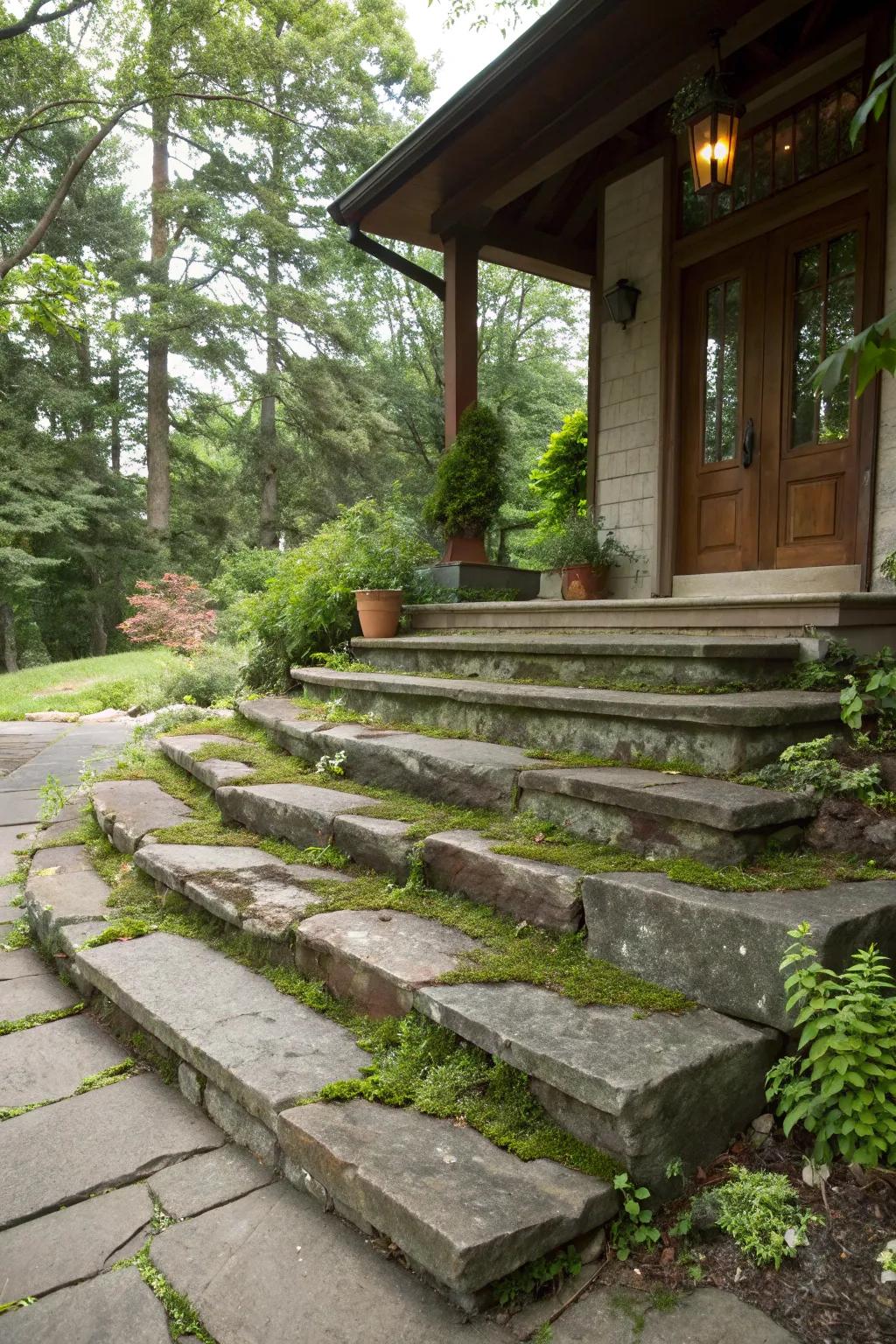 Rustic stone steps that create a warm and natural entrance to the porch.