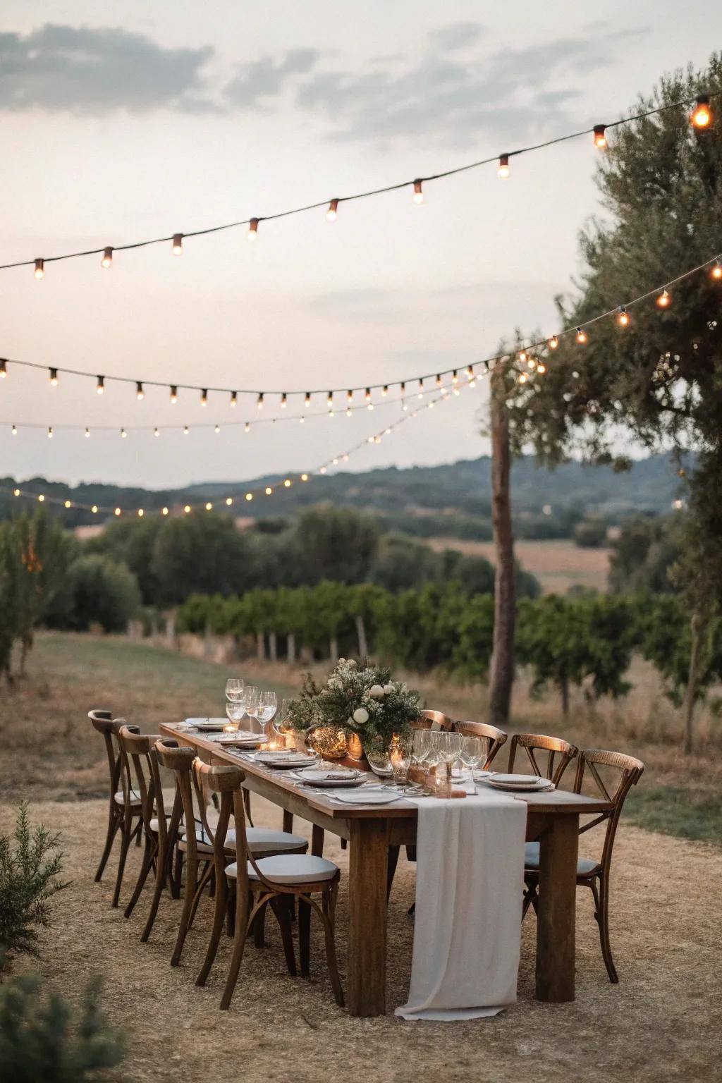 Rustic dining under fairy lights offers a cozy ambiance.