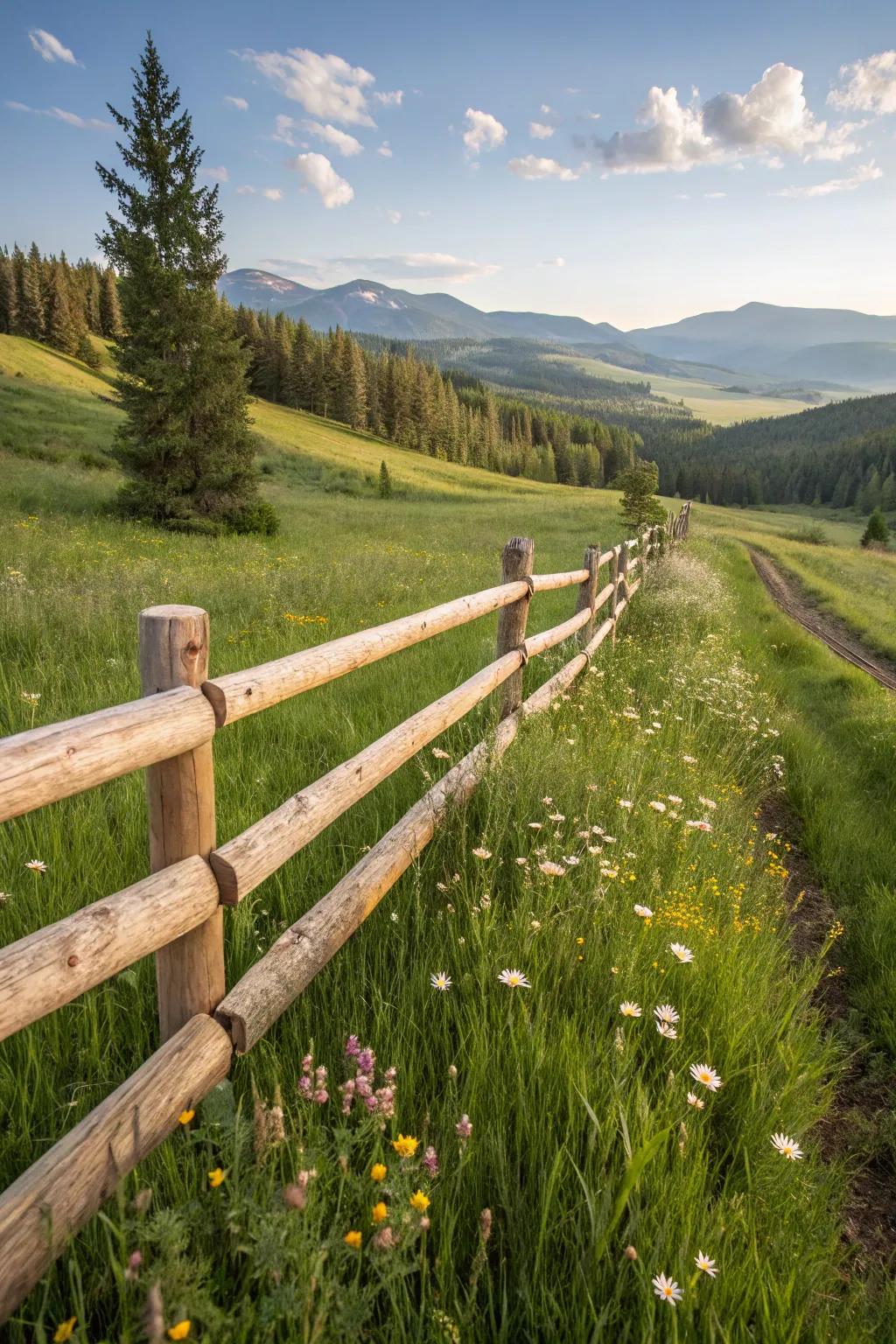 Round rail fences bring traditional elegance to the forefront.