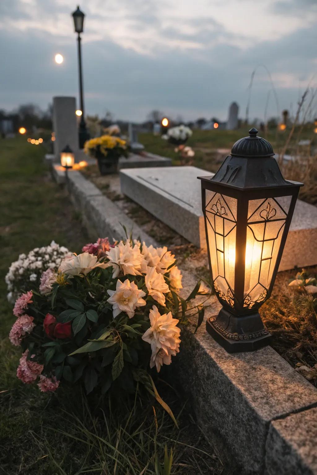 A solar lantern casts a soft glow at twilight.