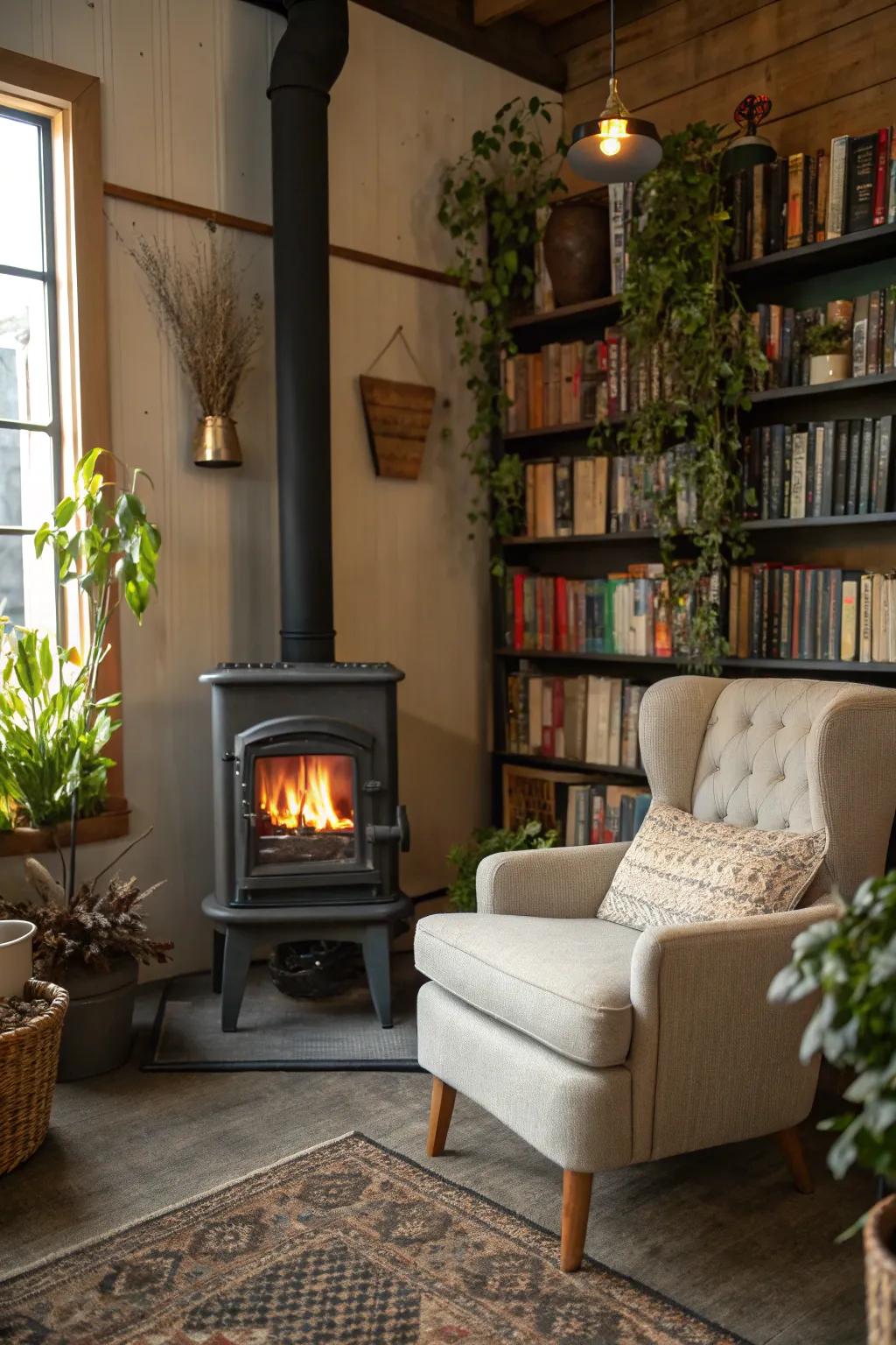 A cozy corner perfect for reading by the stove.