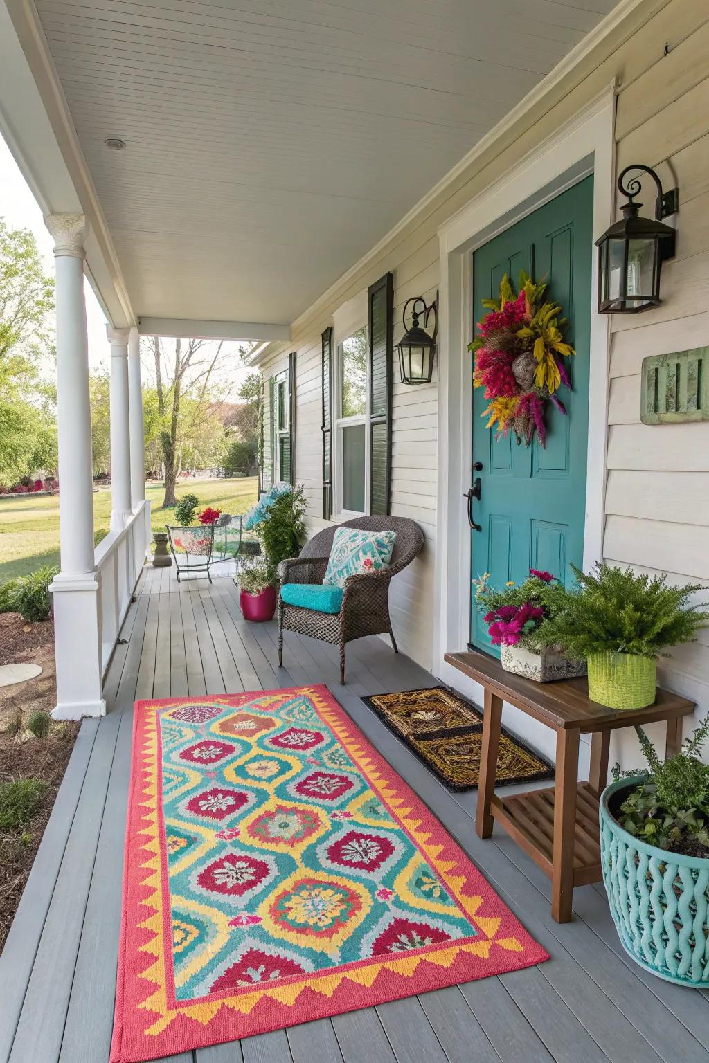 An outdoor rug adds color and defines the porch space.