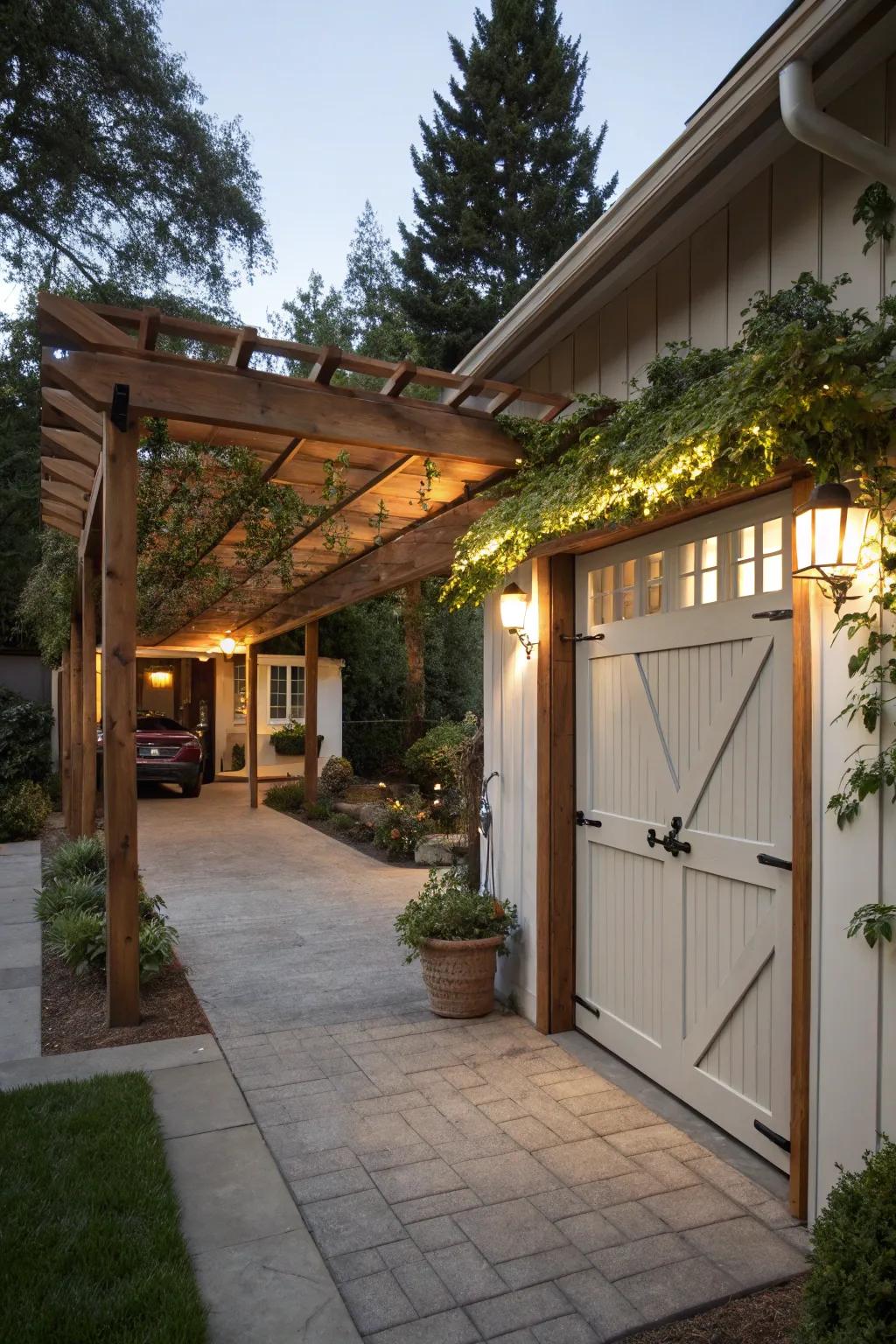 A beautiful garage adorned with a stylish wooden pergola.