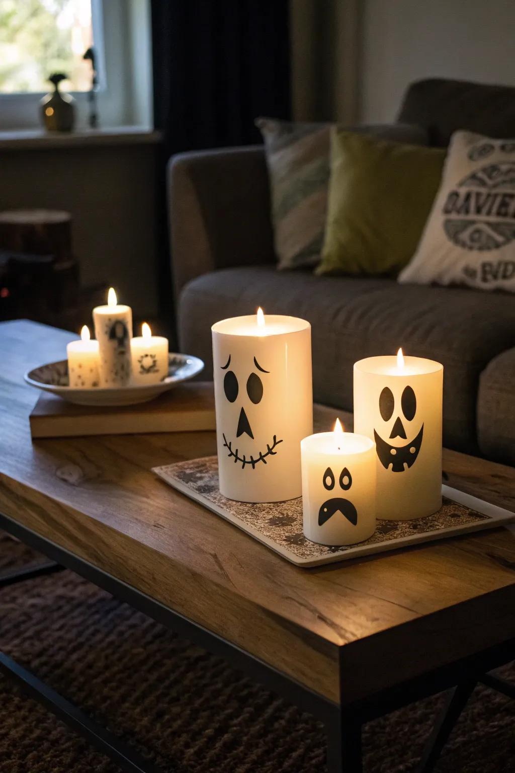 Phantom visage candelabras impart a playful yet eerie ambiance to any chamber.