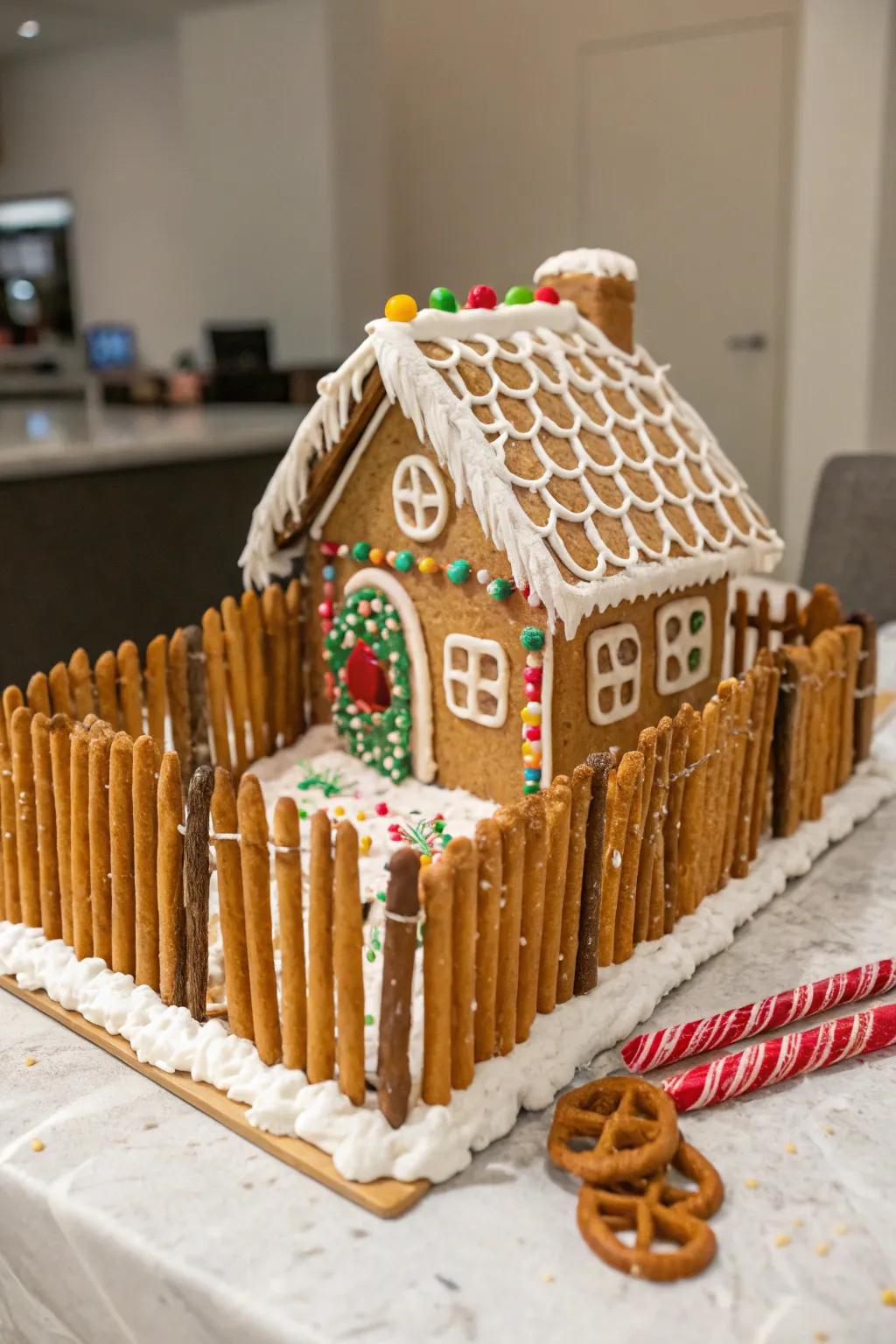 A gingerbread cabin with a charming pretzel stick fence.