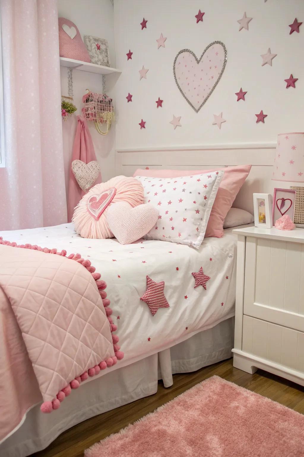 Heart and star-shaped pillows add charm and comfort.