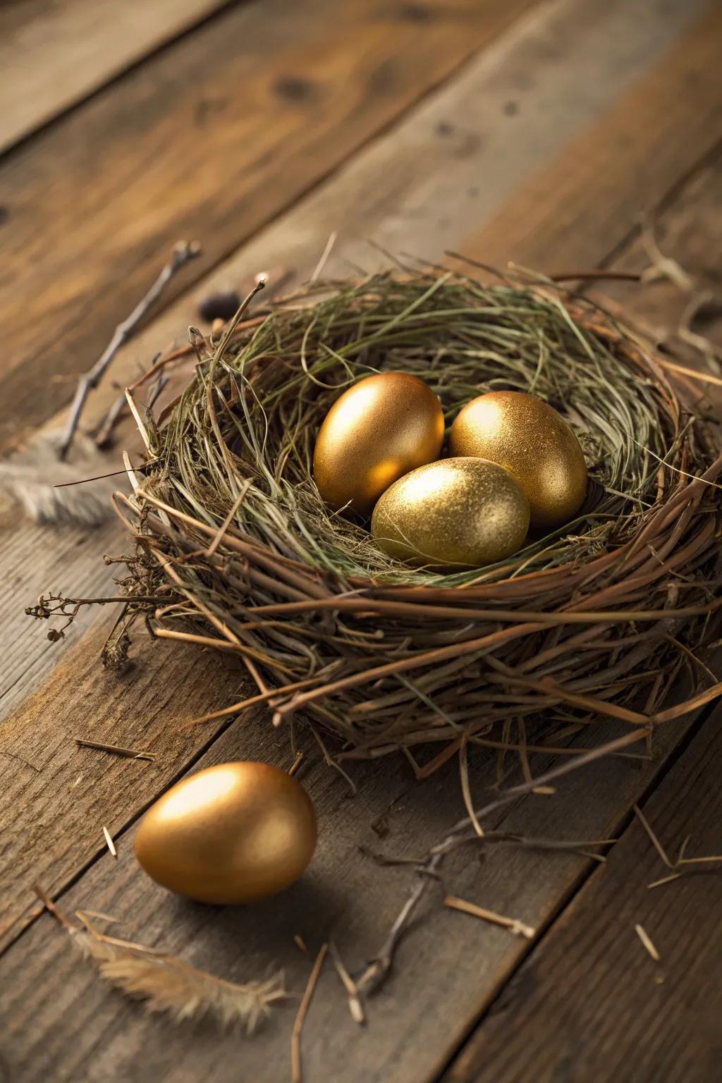 Golden eggs nestled in a rustic natural nest, perfect for an Easter centerpiece.