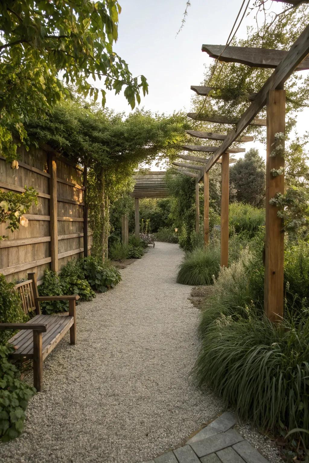 A gravel patio with natural privacy screens made from tall plants and trellises.