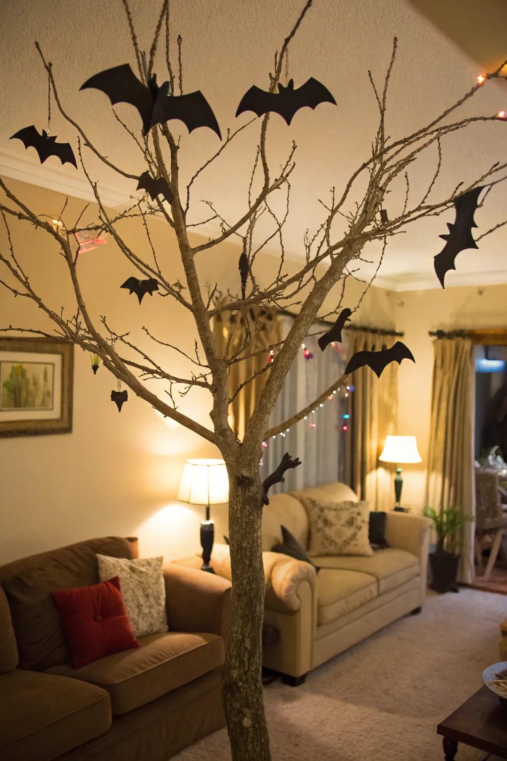 A spectral Halloween tree embellished with fluttering chiropterans.