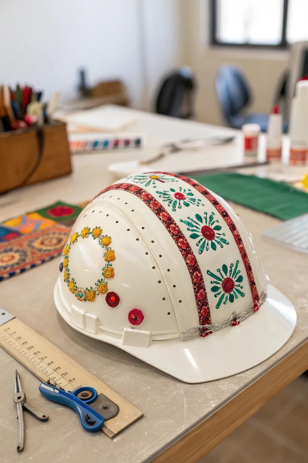 A hard hat uniquely personalized with DIY craftsmanship.