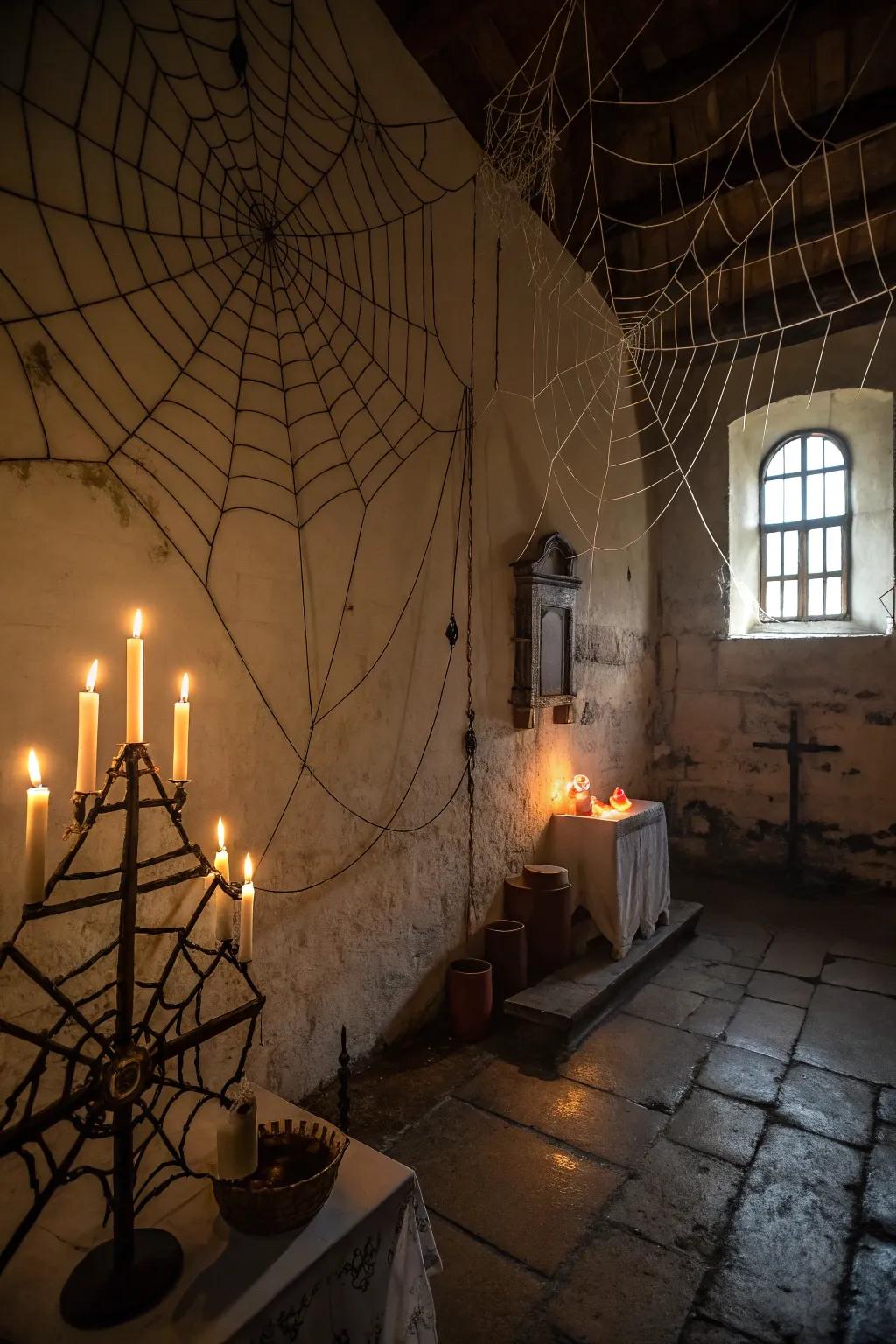 Establish the atmosphere utilizing cobwebs and flickering wax lights.