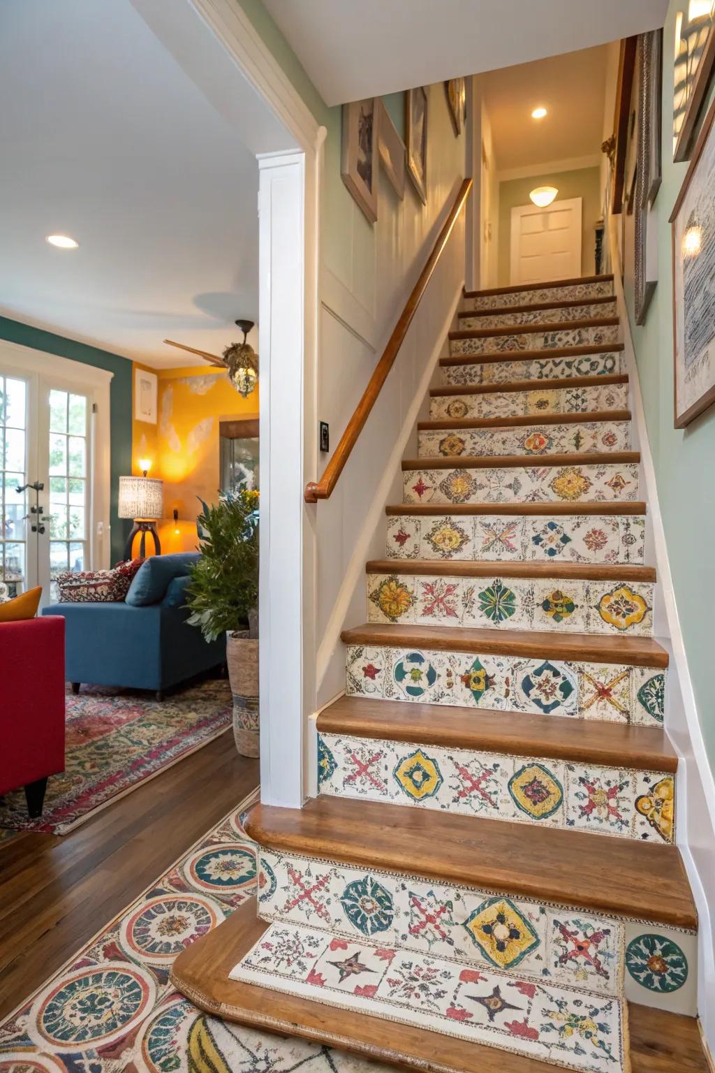 Infuse a playful touch with patterned vinyl stairs.