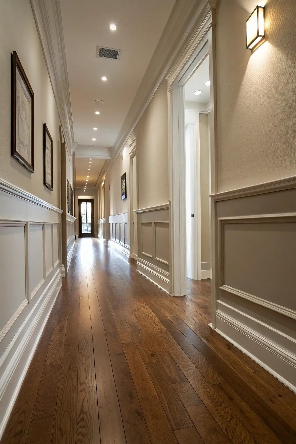 Sleek baseboards enhance the hallway's polished look.