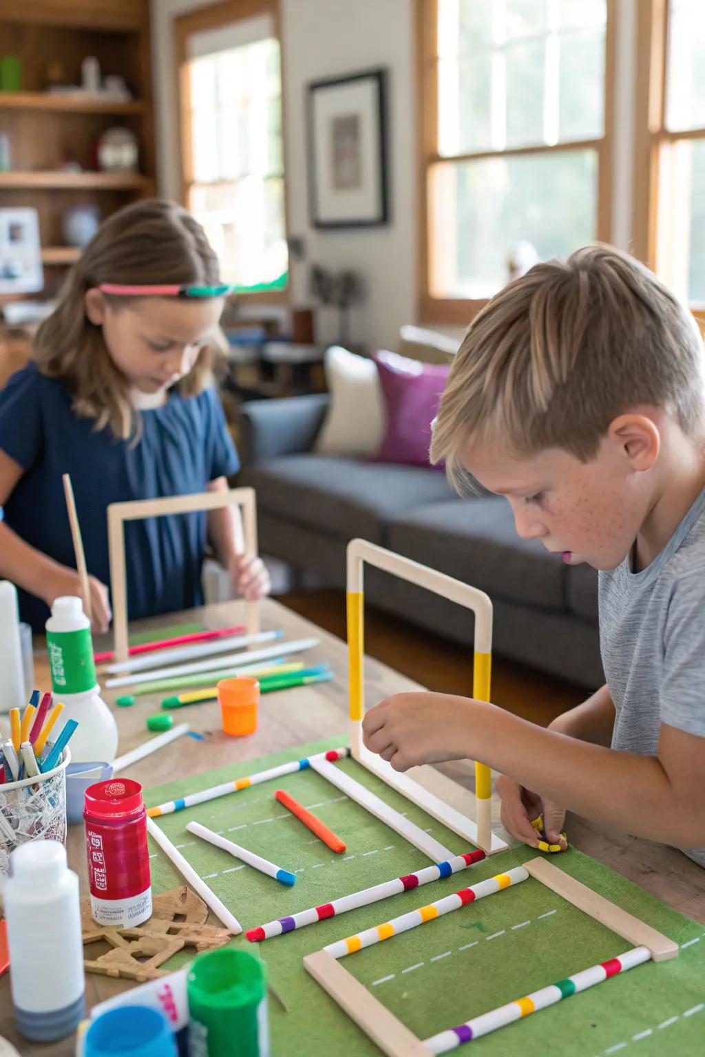 Kids crafting mini goal posts as a party activity.