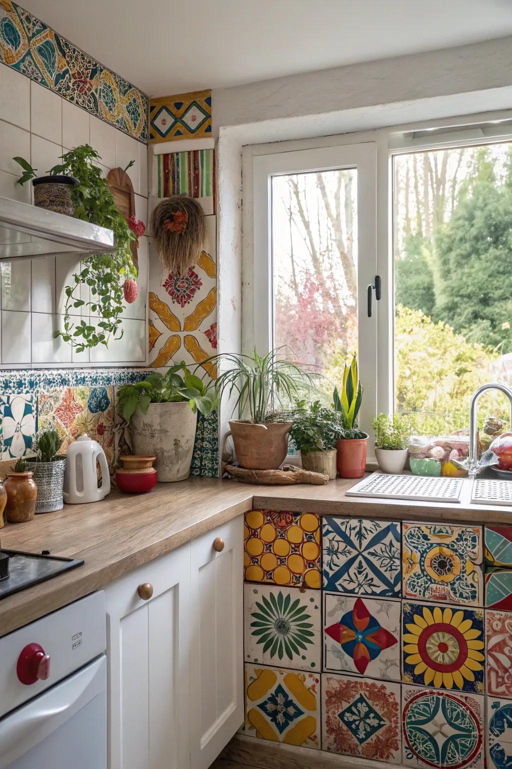 A colorful tile and window combination that adds a splash of personality to the kitchen.