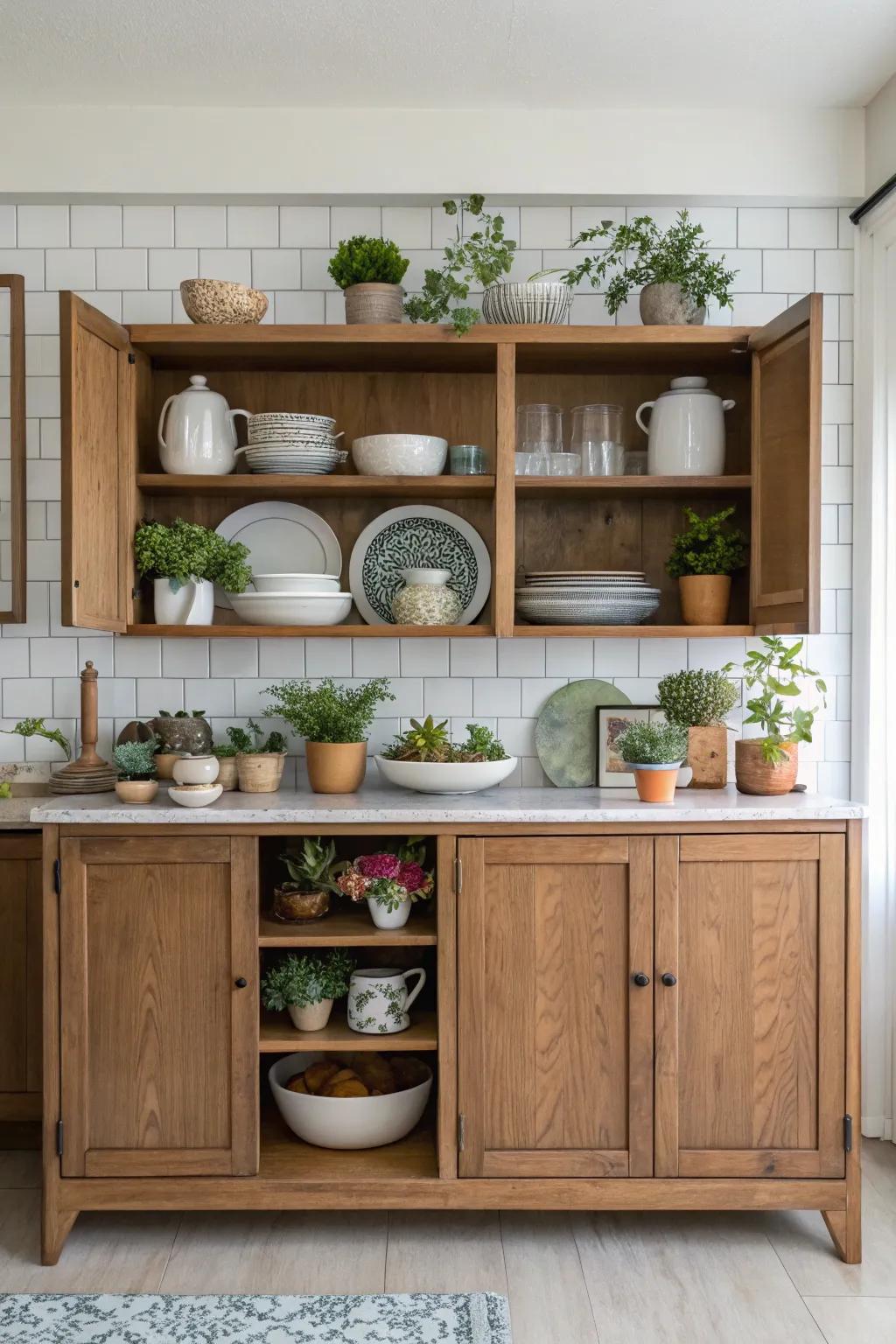 An unclosed exhibition sideboard lends an intimate and inviting nuance to the culinary space.