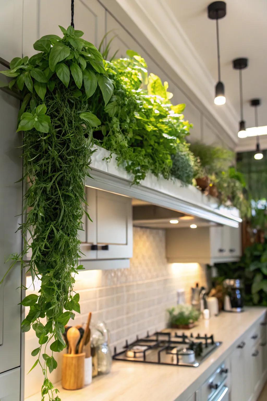 A soffit adorned with green plants, creating a lively kitchen environment.