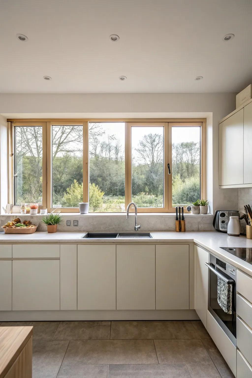 A sleek kitchen featuring horizontal sliding windows.