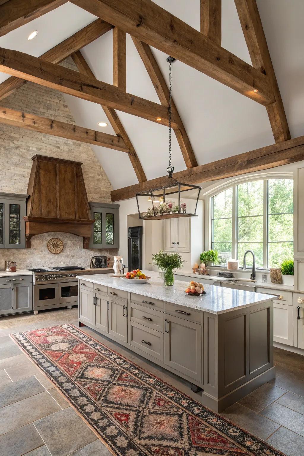 A harmonious blend of rustic and modern elements in a kitchen with a vaulted ceiling.