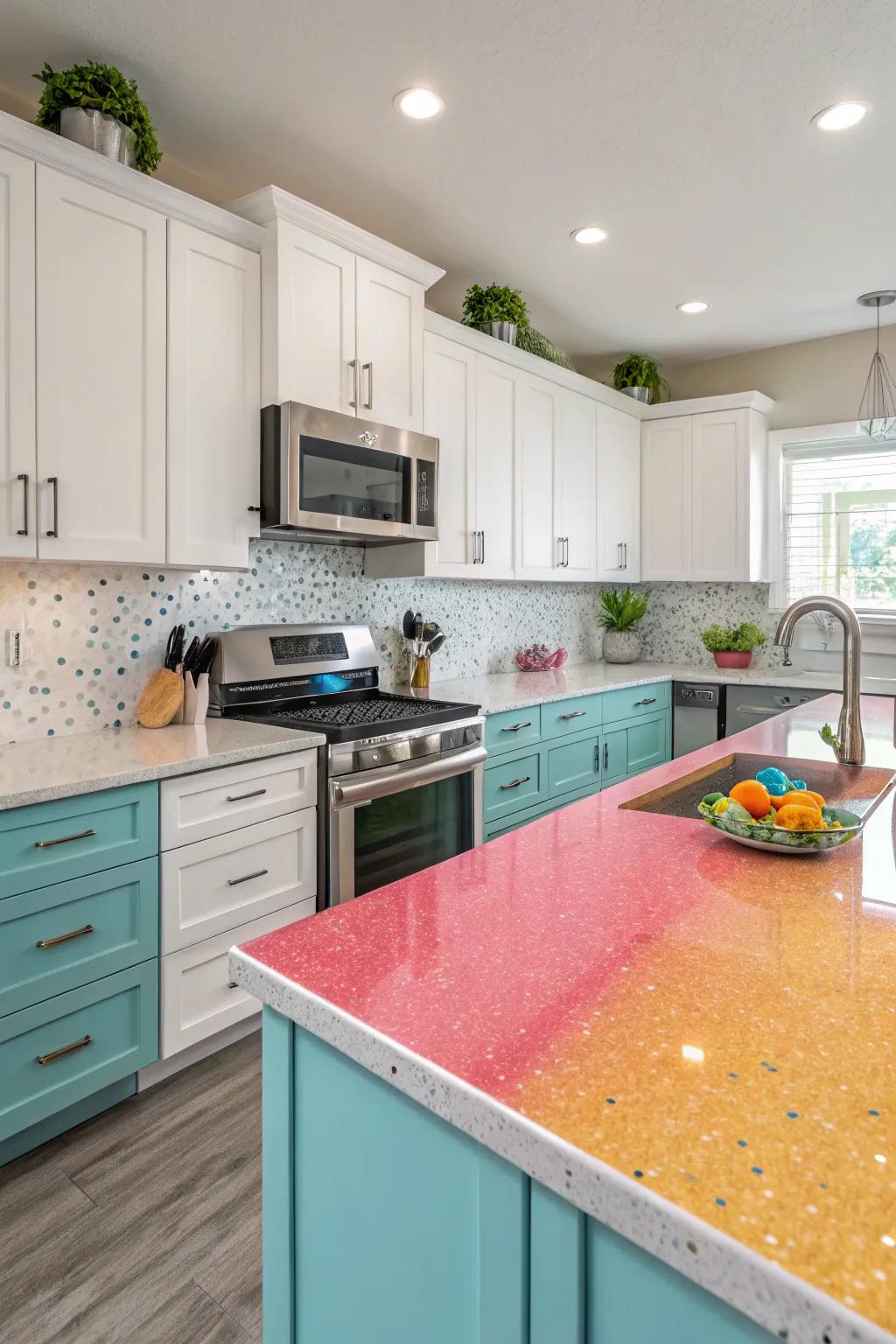 Pigmented quartz worktops injecting a burst of personality.