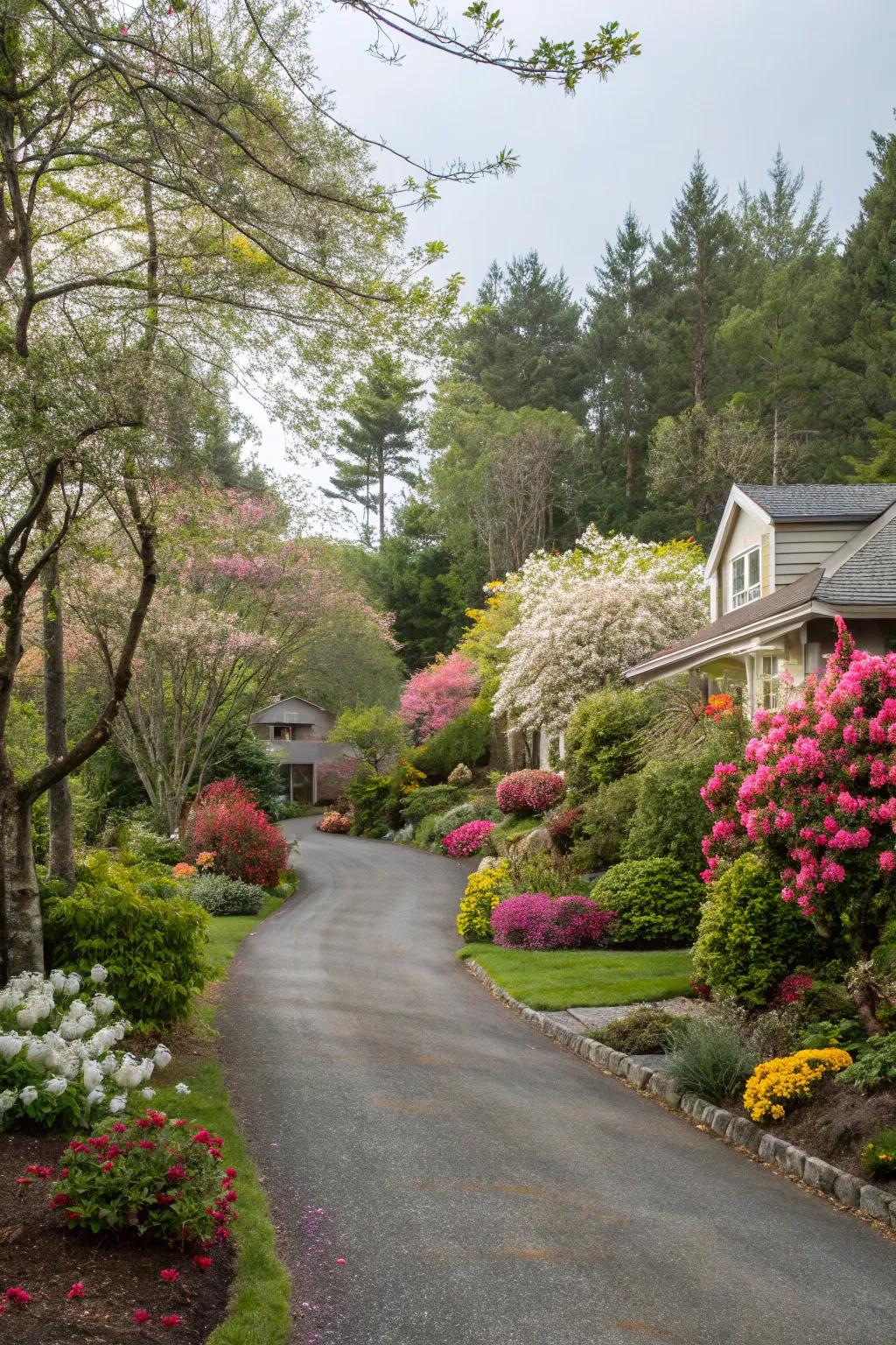 A mix of plantings creates a lush and vibrant entrance.