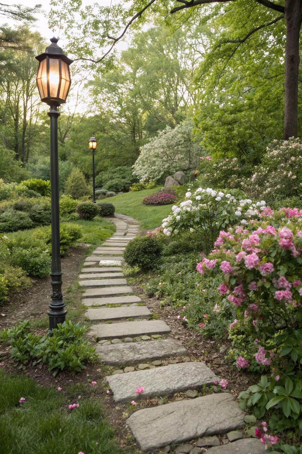 A whimsical pathway leading to a garden lamp post.