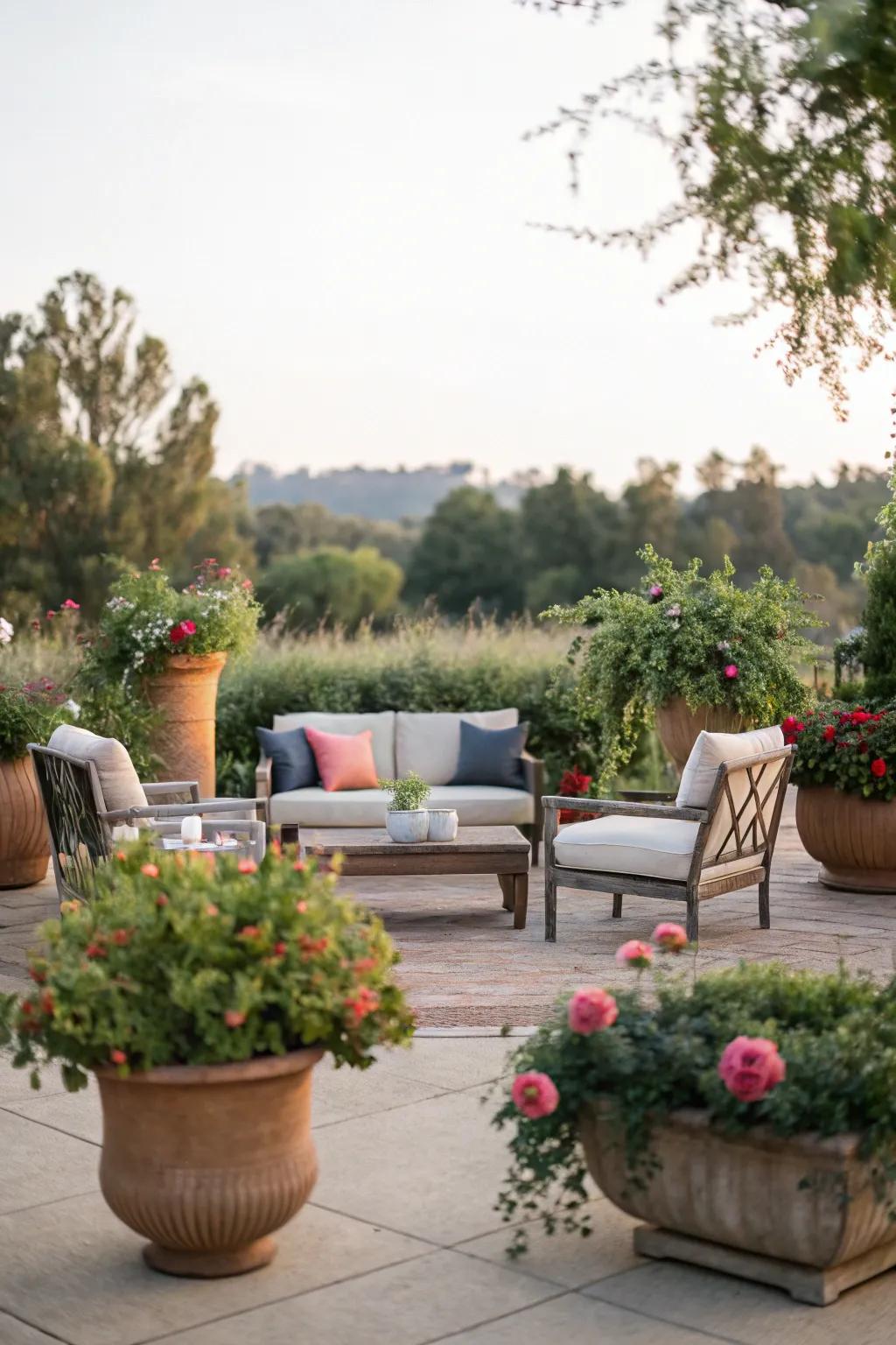 Enhance your outdoor lounge with lush pot arrangements.