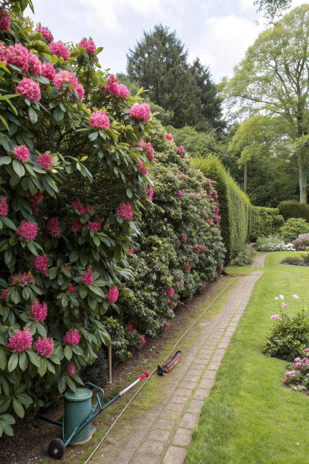 A lush rhododendron hedge offering garden privacy.