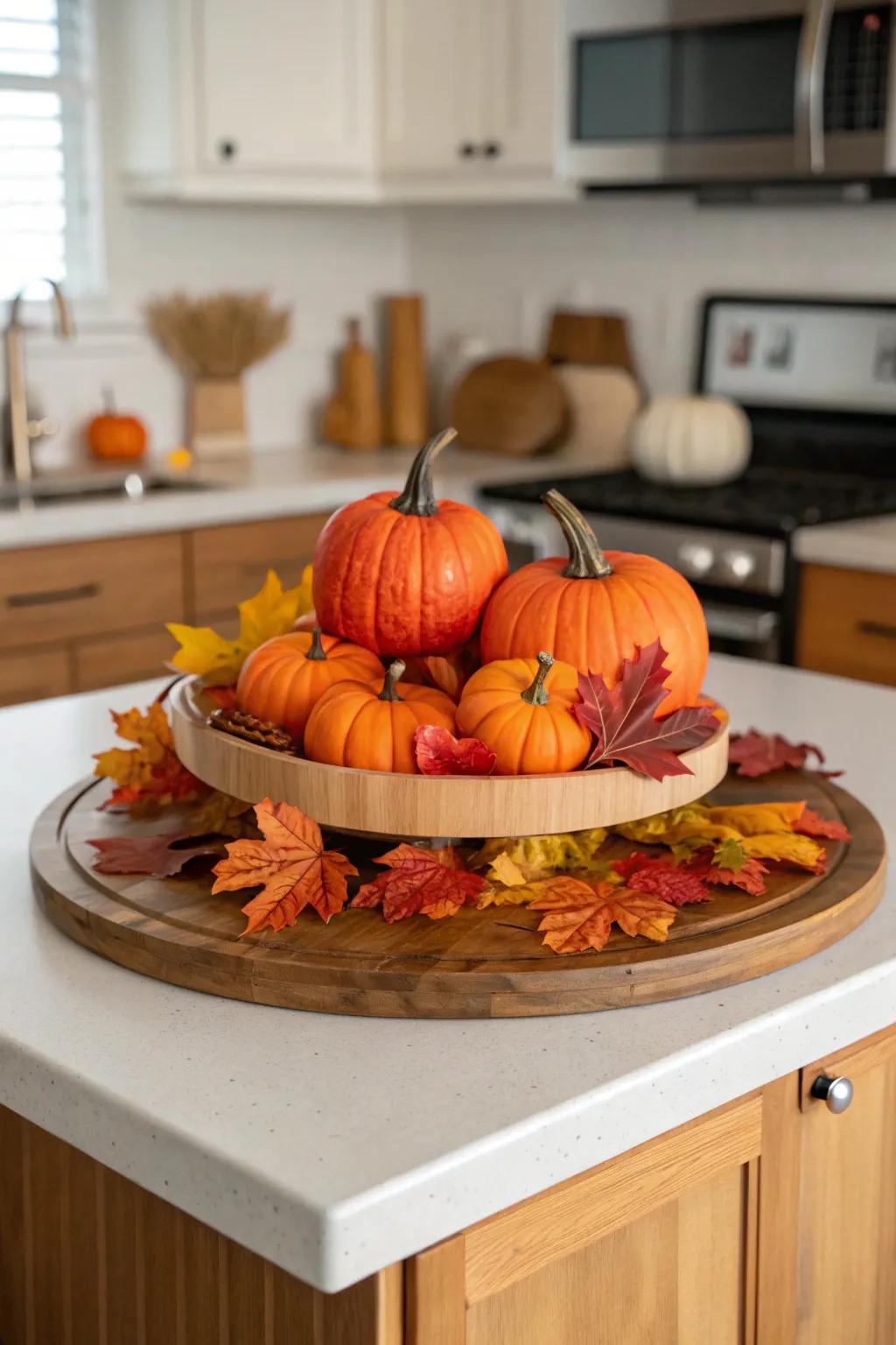 A lazy Susan adorned with charming autumn-themed decor.