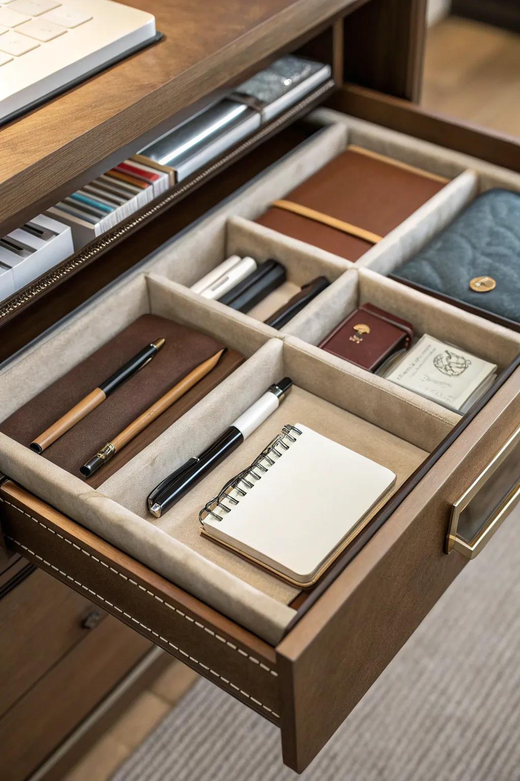 Leather liners enhance the interior of drawers beautifully.