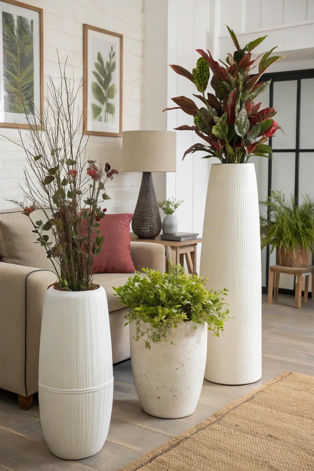 A cluster of vases of varying heights adds dynamic visual interest to a modern living room.