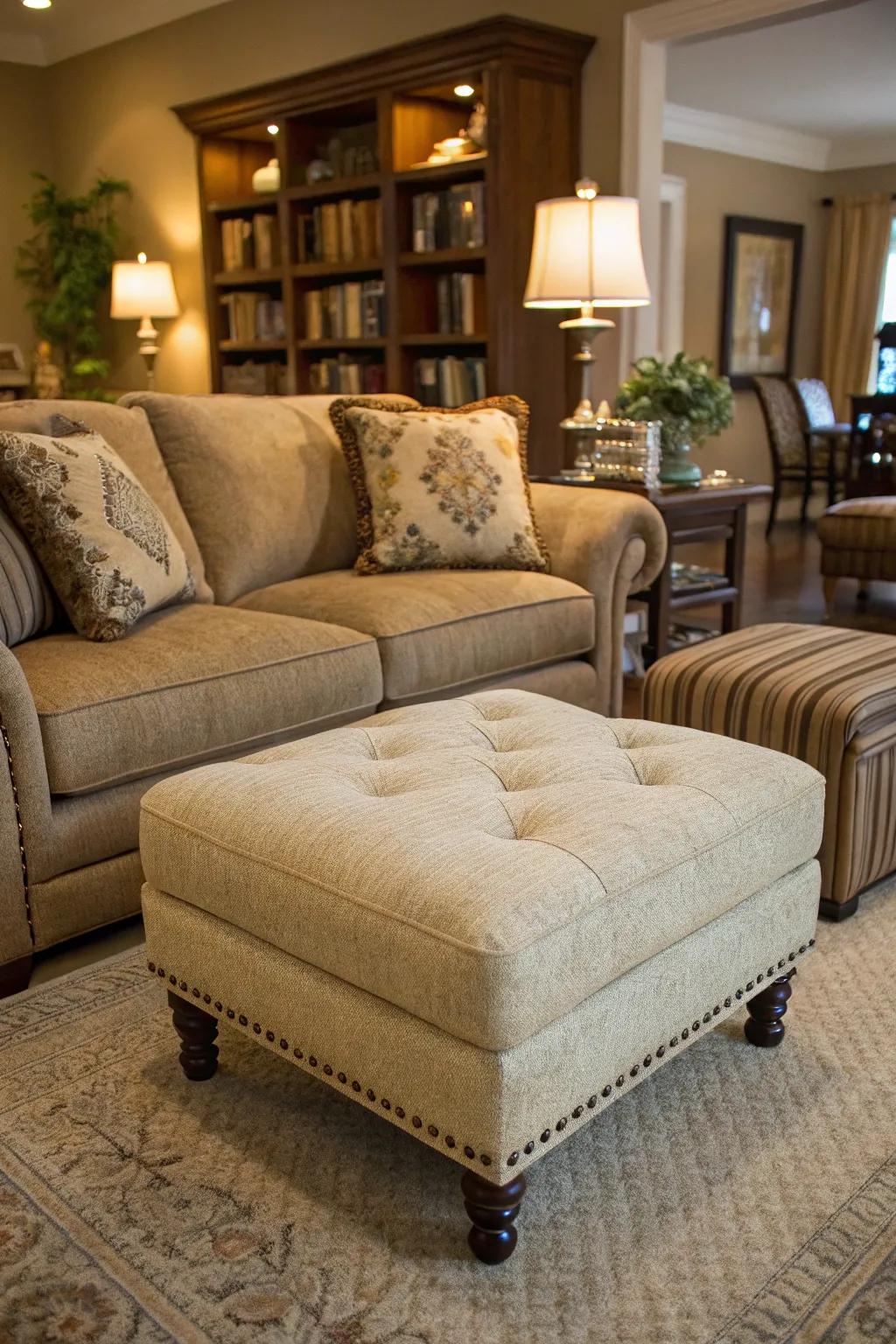 A living room featuring a versatile ottoman for flexible seating.