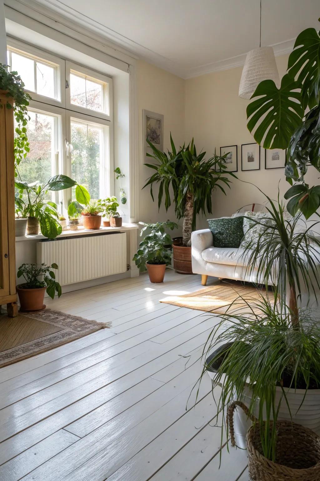 Lush greenery adds a refreshing touch to a room with white wood floors.