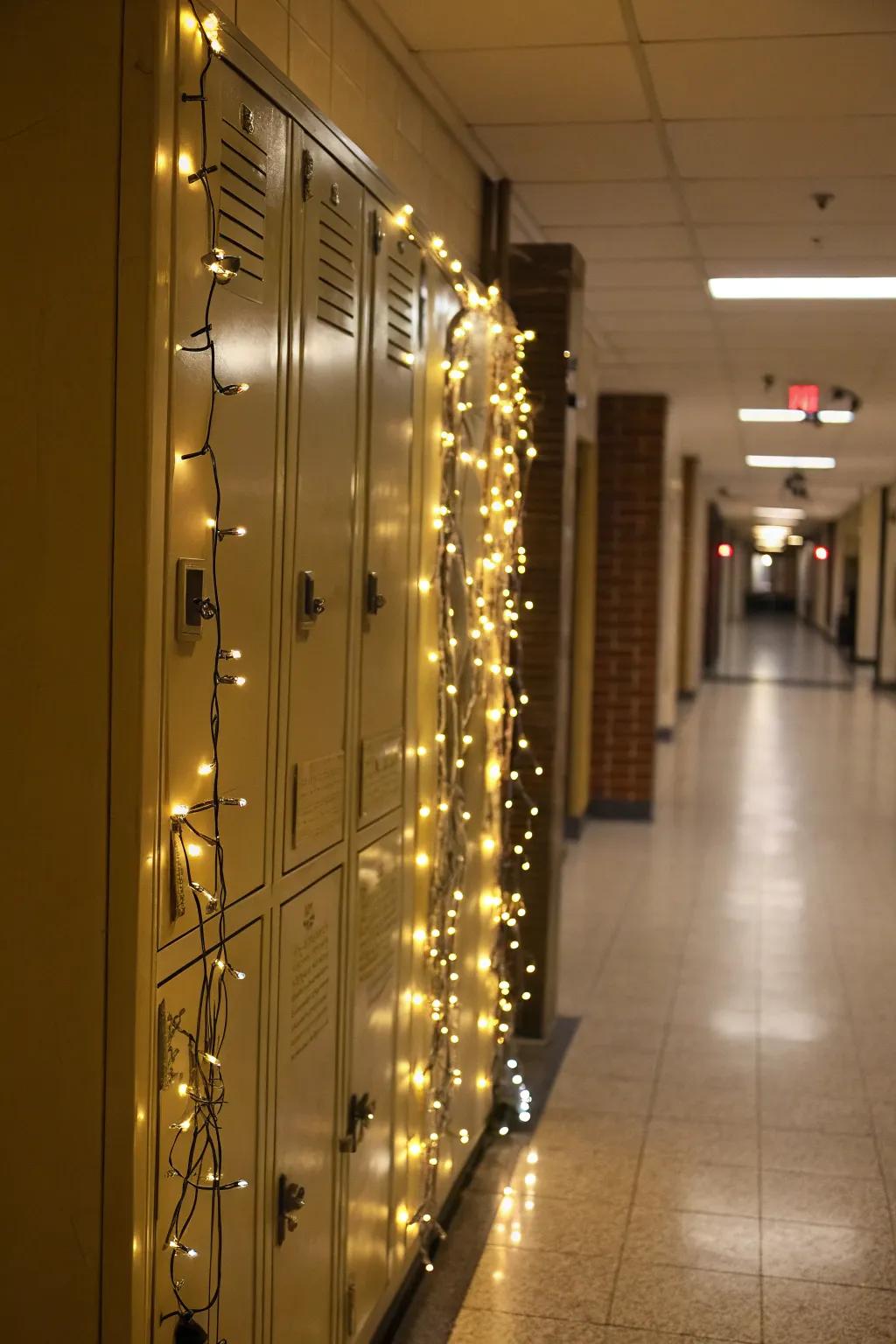 Decorative string lights in a locker, adding a warm and inviting glow.