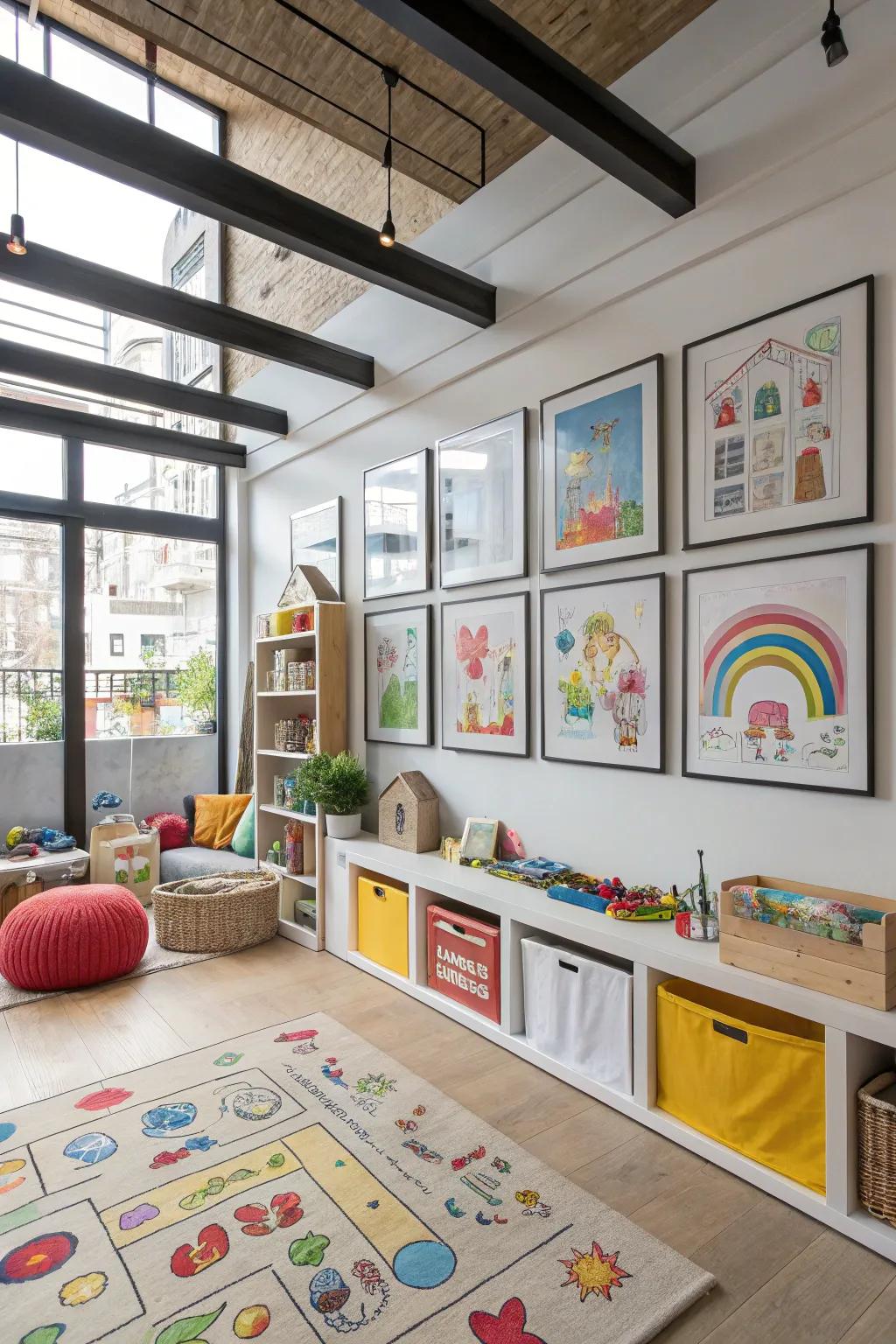 A vibrant gallery wall featuring children's artwork.