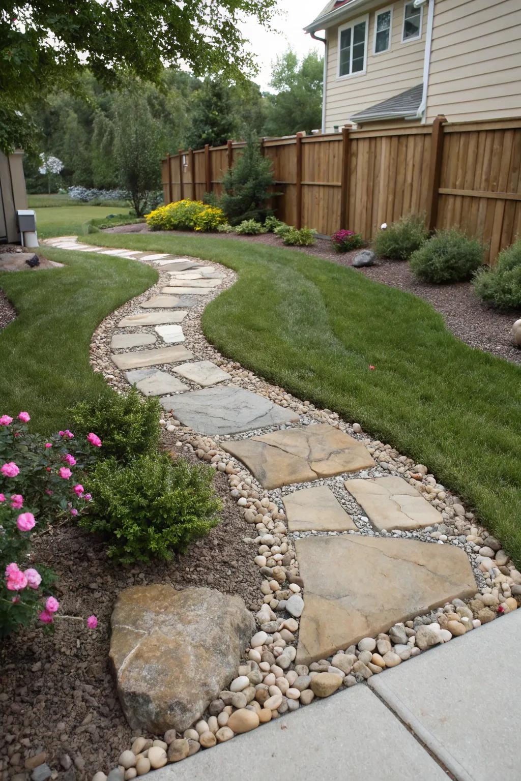 A front yard with paving stones and pebbles reducing lawn maintenance.