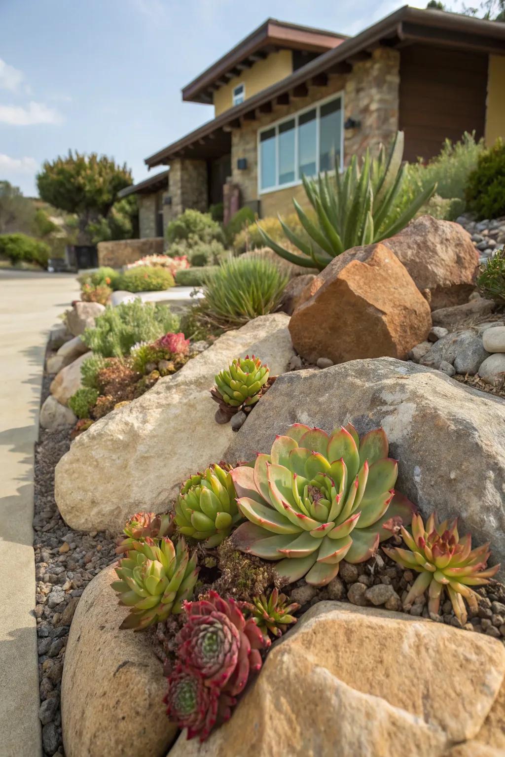 Succulents nestled among rocks for easy care and beauty.