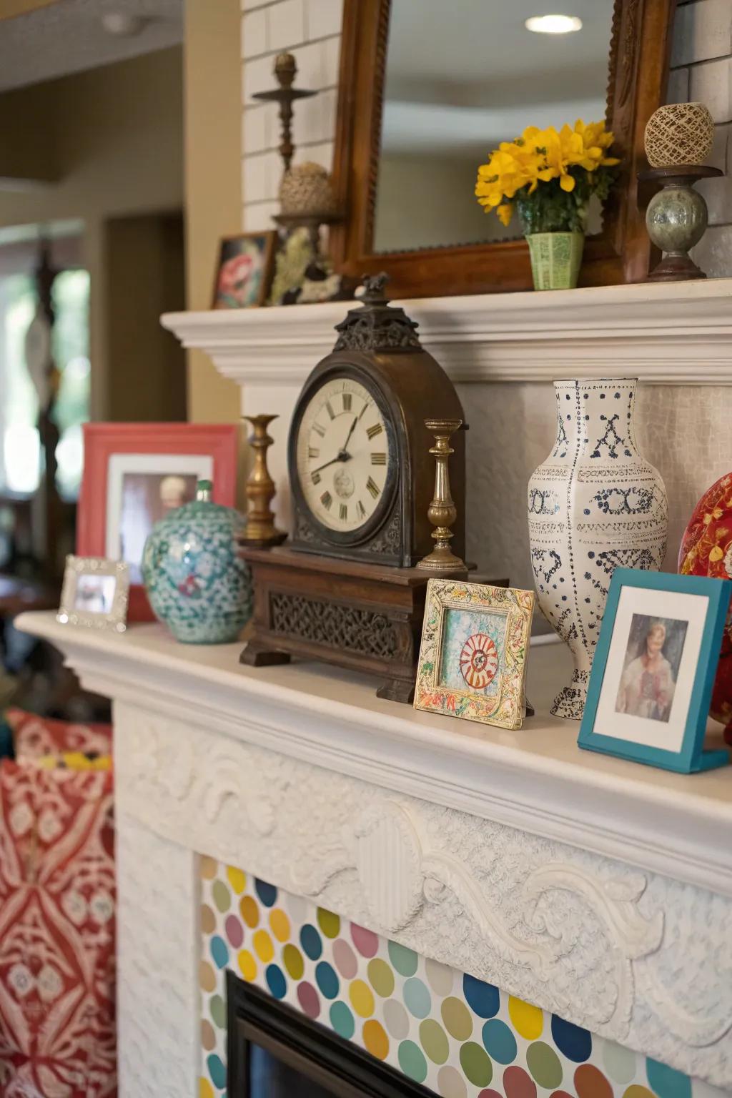 An eclectic mantel showcasing a variety of decor styles.