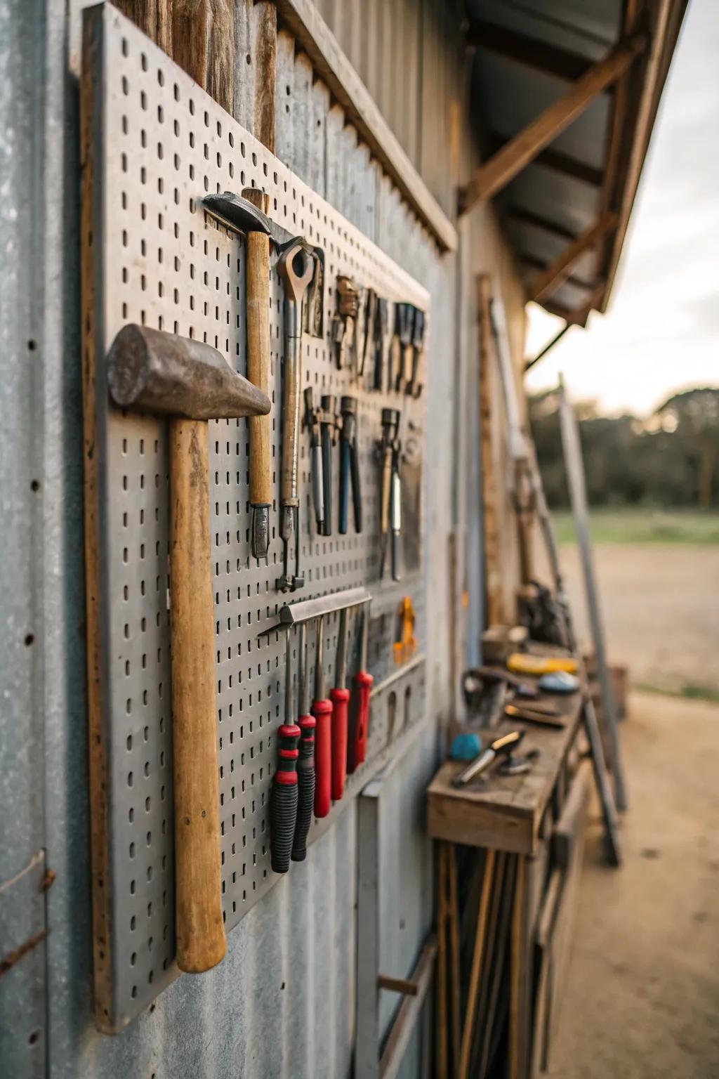 Perforated boards afford adaptable enclosure archiving for implements.