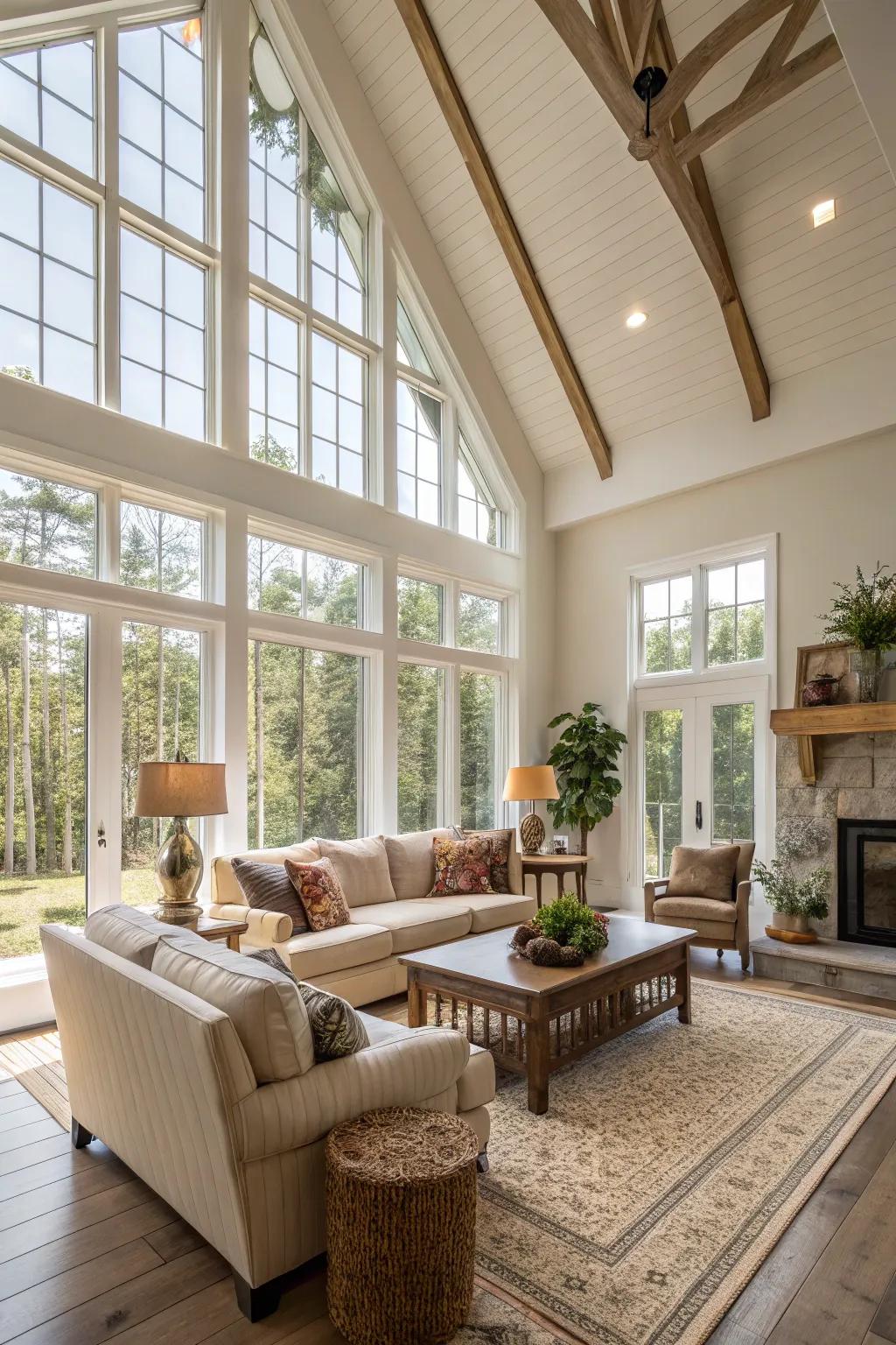 Soaring ceilings fashion an airy, expansive atmosphere.