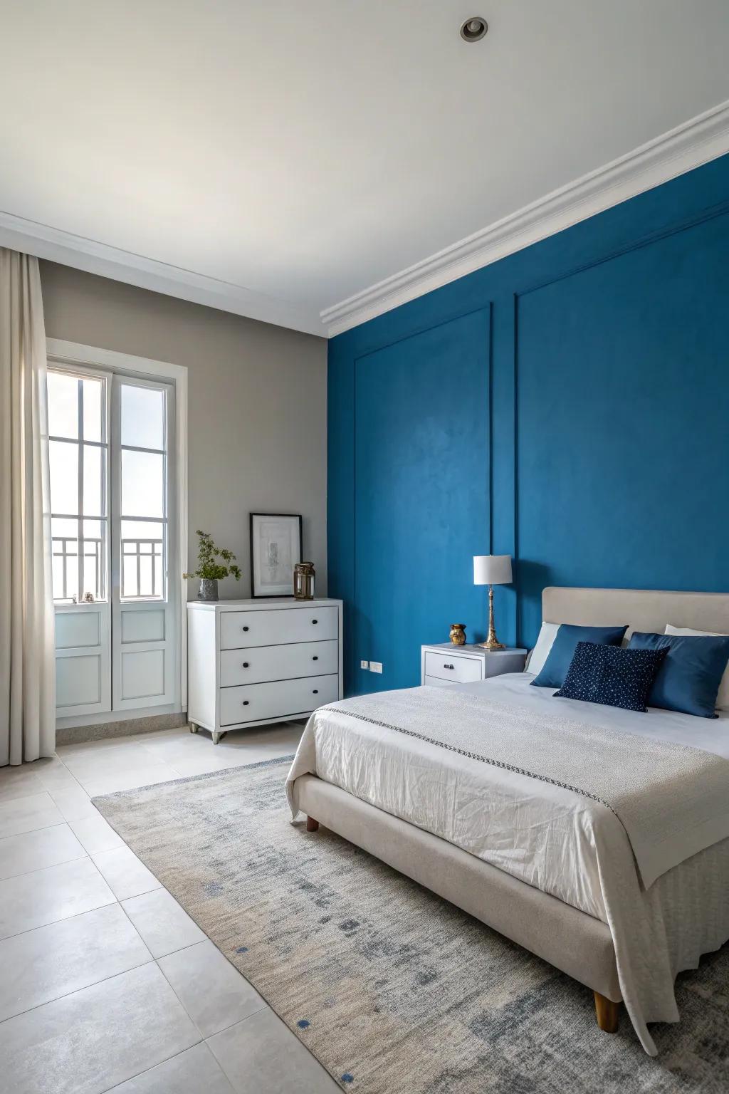 A bold blue accent wall in a bedroom creates a striking focal point.