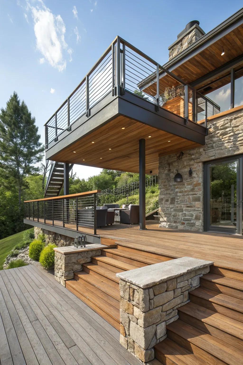 A deck that harmoniously blends different materials for a unique aesthetic.