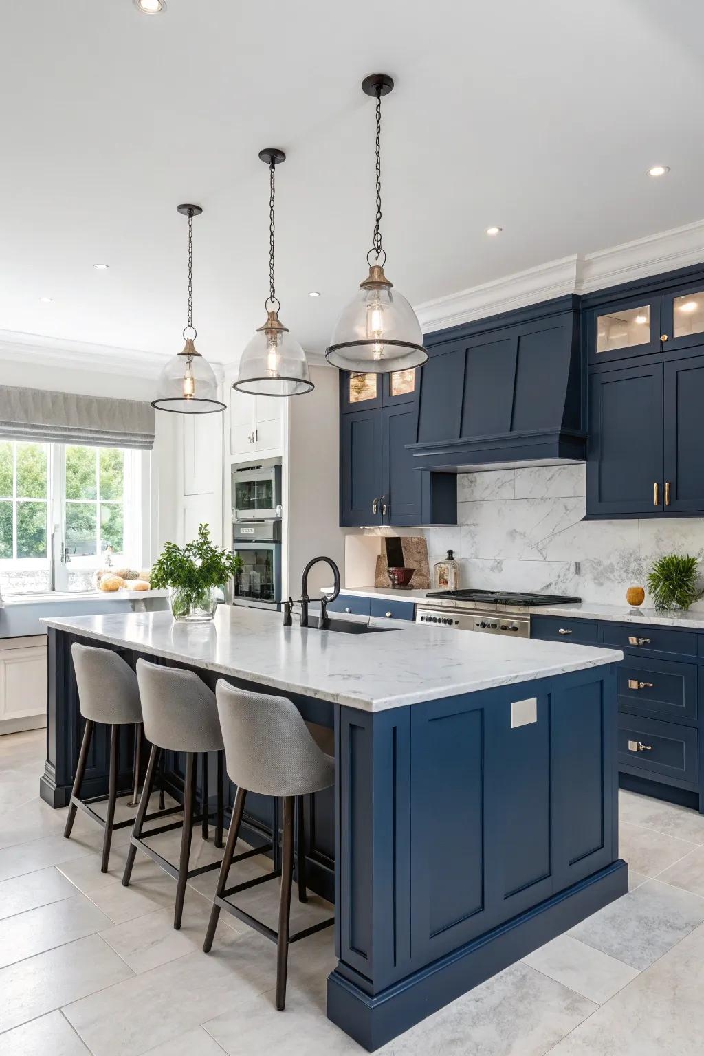 Pendant lights illuminate and highlight the beauty of navy blue cabinets.