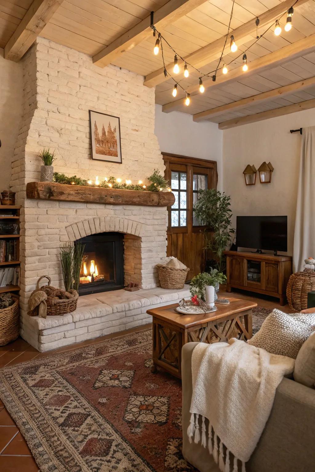 Earthy-toned painted brick fireplace exudes warmth and charm.