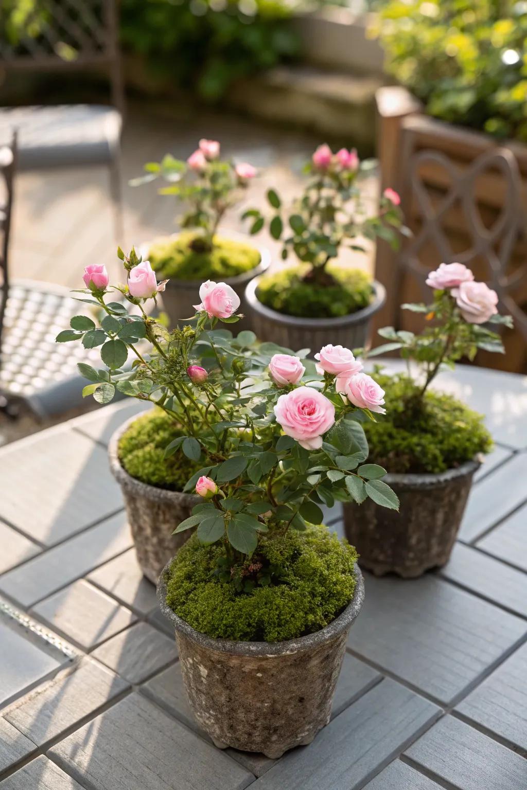 A cluster of petite vessels containing sun jewels crafts a vibrant veranda centerpiece.